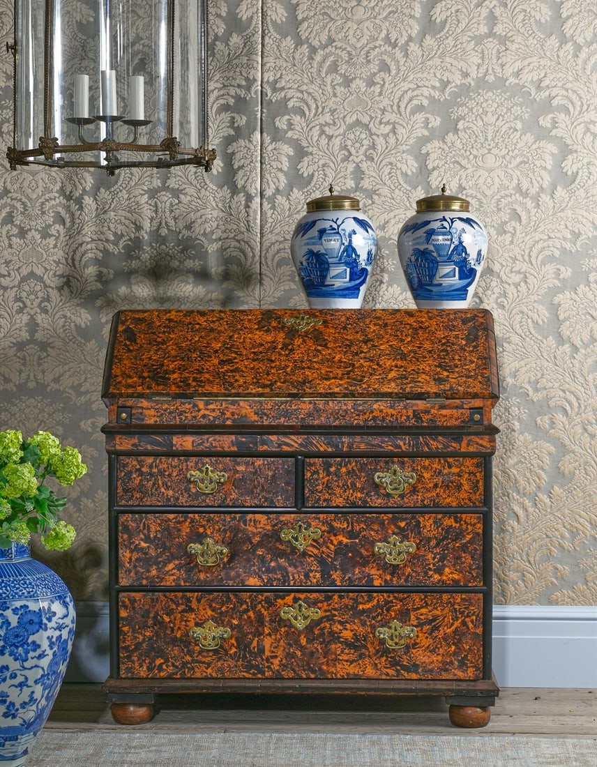 A GEORGE I STAINED FIELD MAPLE OR 'MULBERRY' BUREAU, IN THE MANNER OF COXED AND WOSTER, CIRCA 1720 (1 of 4)