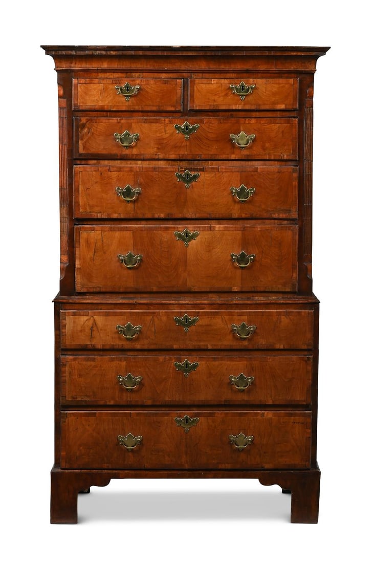 A GEORGE II WALNUT AND CROSSBANDED CHEST ON CHEST, CIRCA 1740 (1 of 3)