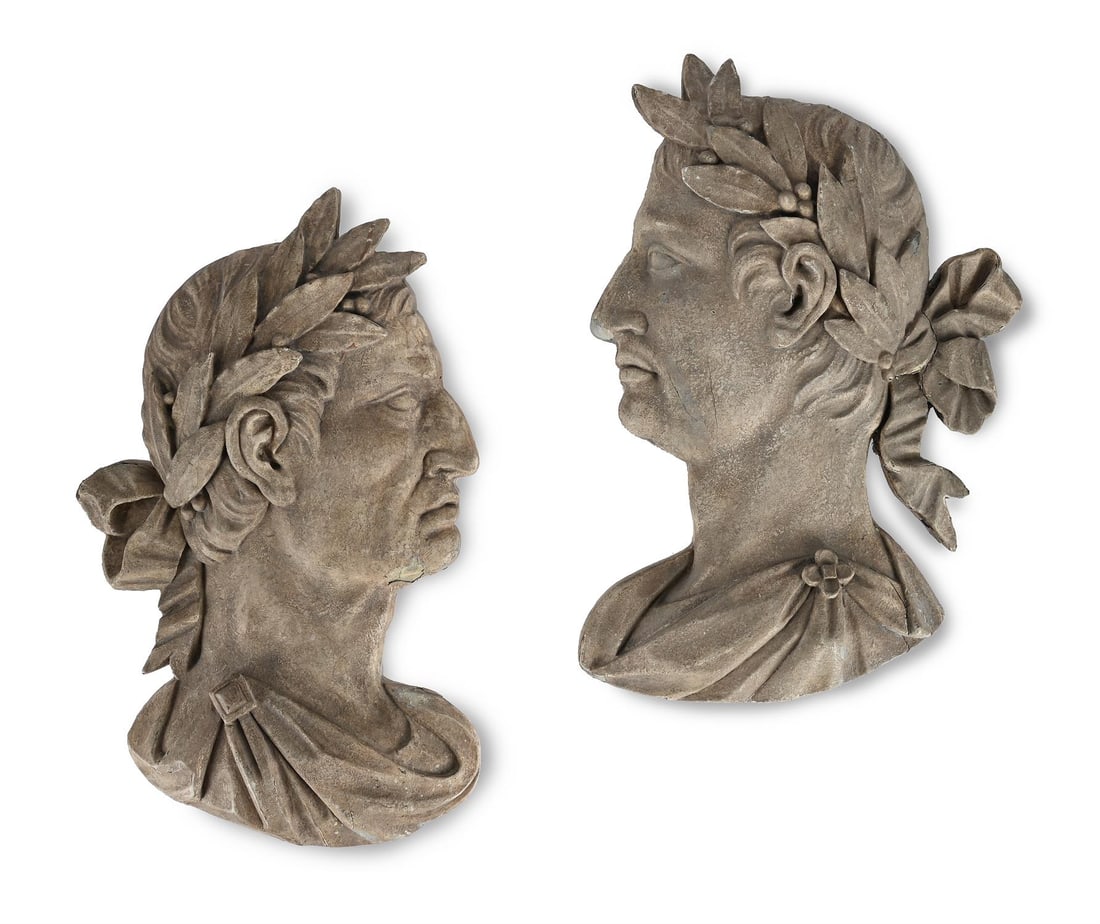 A PAIR OF CARVED AND PAINTED SOFTWOOD PROFILE BUST PORTRAITS OF ROMAN EMPERORS, ITALIAN (1 of 4)