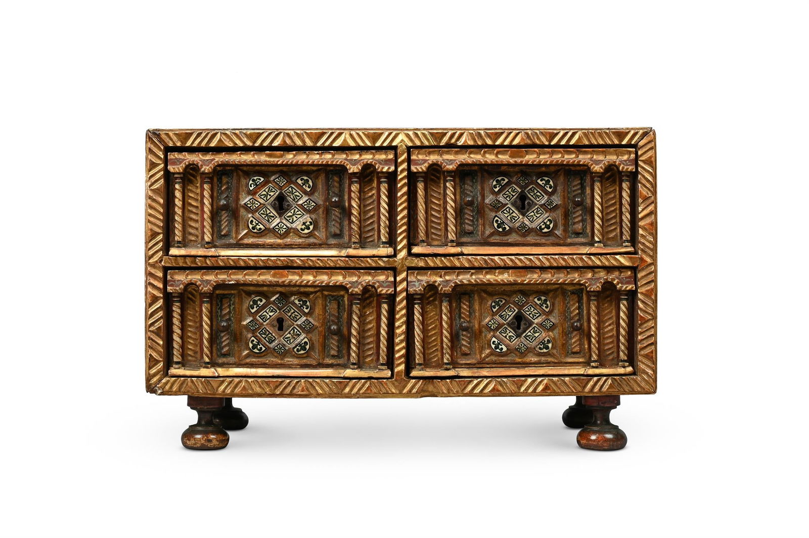 A SPANISH WALNUT, BONE AND PARCEL GILT VARGUENO OR DESK BOX, LATE 17TH OR 18TH CENTURY: A SPANISH WALNUT, BONE AND PARCEL GILT VARGUENO OR DESK BOXLATE 17TH OR 18TH CENTURY34.5cm high, 55cm wide, 28.5cm deep