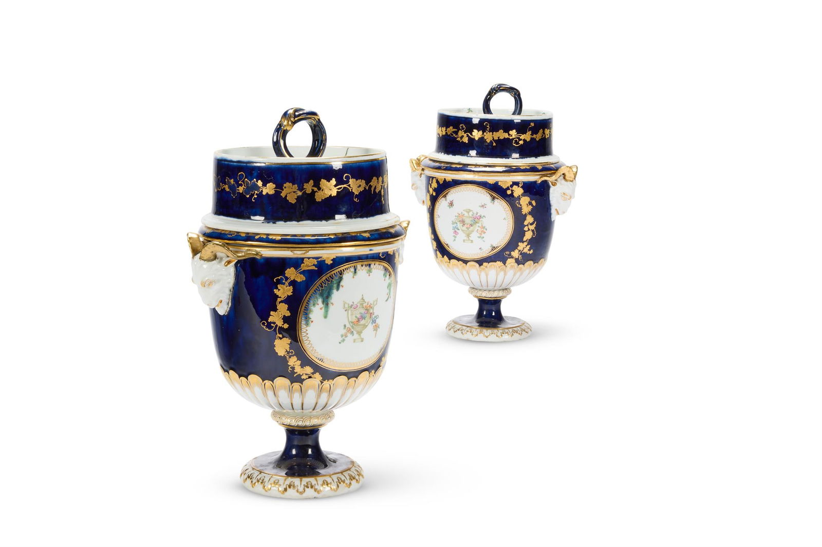 A PAIR OF CHELSEA-DERBY TWO-HANDLED URN-SHAPED PEDESTAL ICE PAILS, COVERS AND LINERS, CIRCA 1775 (1 of 3)