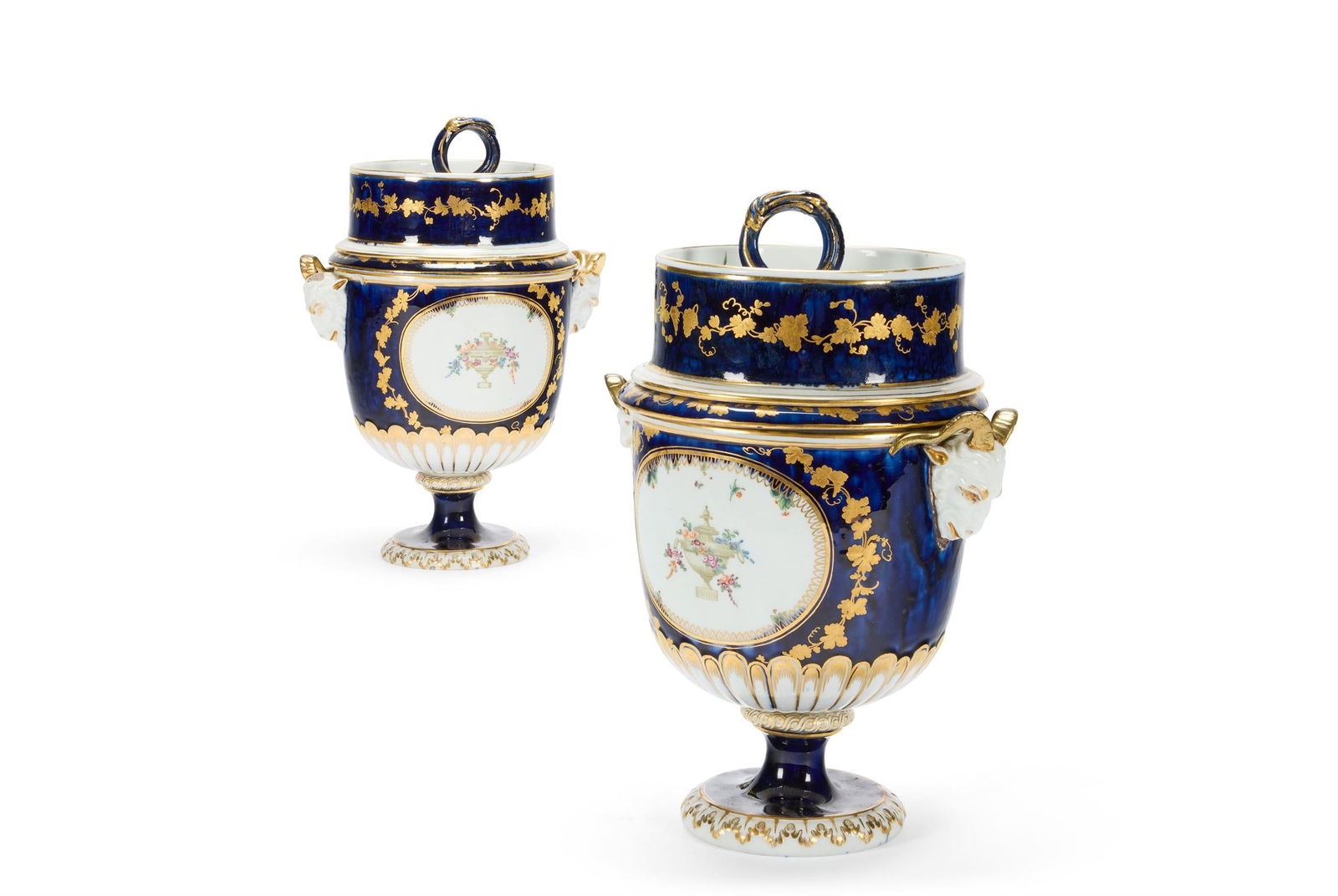 A PAIR OF CHELSEA-DERBY TWO-HANDLED URN-SHAPED PEDESTAL ICE PAILS, COVERS AND LINERS, CIRCA 1775 (1 of 3)