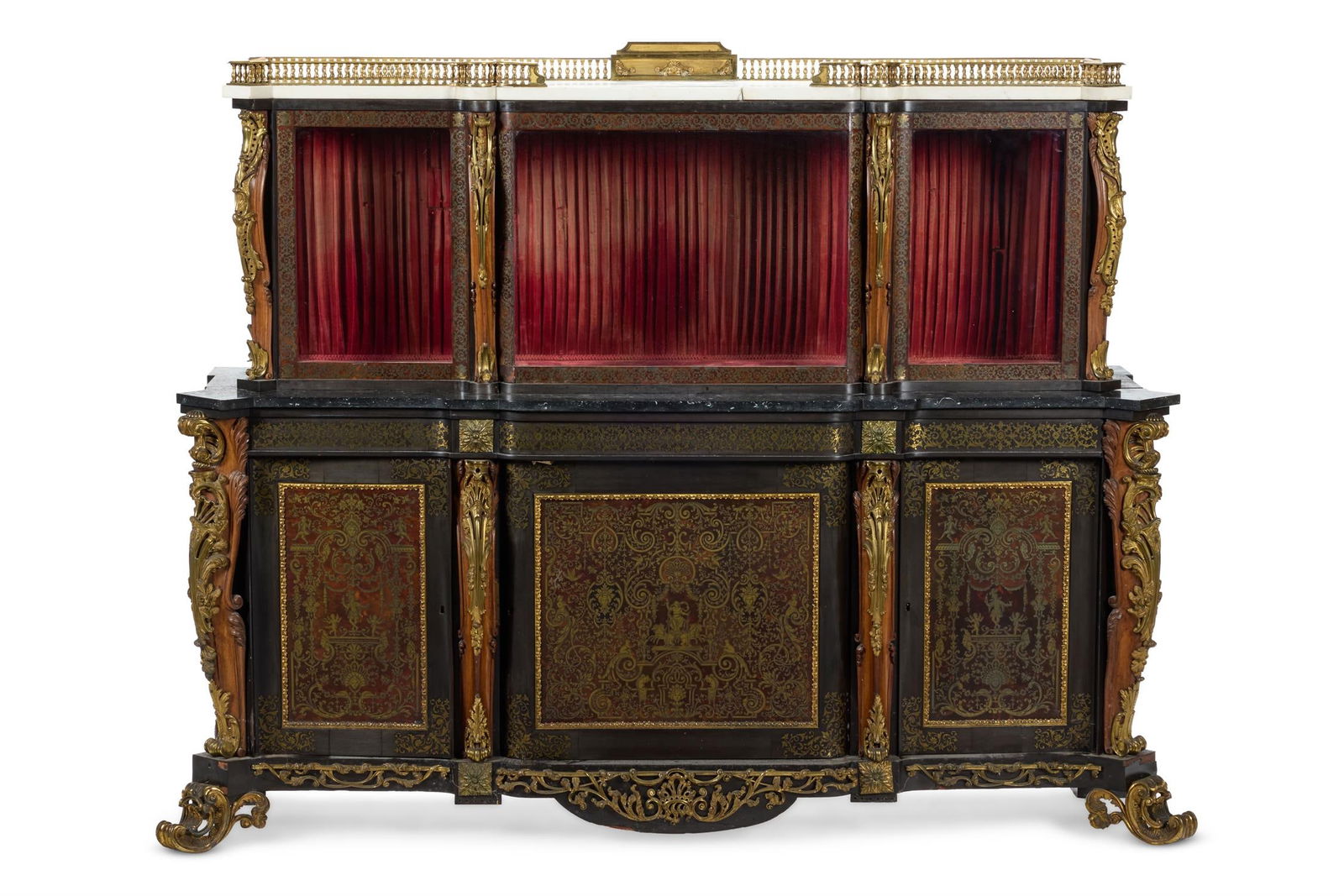 Y A VICTORIAN ROSEWOOD, EBONY, ORMOLU, BRASS AND TORTOISESHELL INLAID BREAKFRONT CABINET (1 of 5)