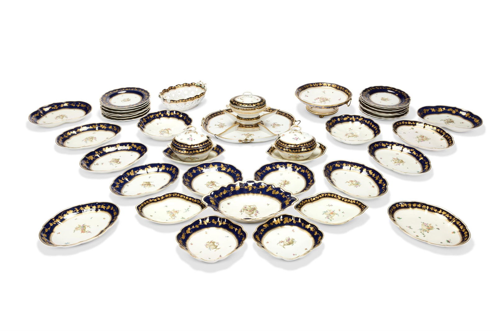 A CHELSEA-DERBY BLUE-GROUND AND GILT PART DESSERT SERVICE, CIRCA 1775 (1 of 2)