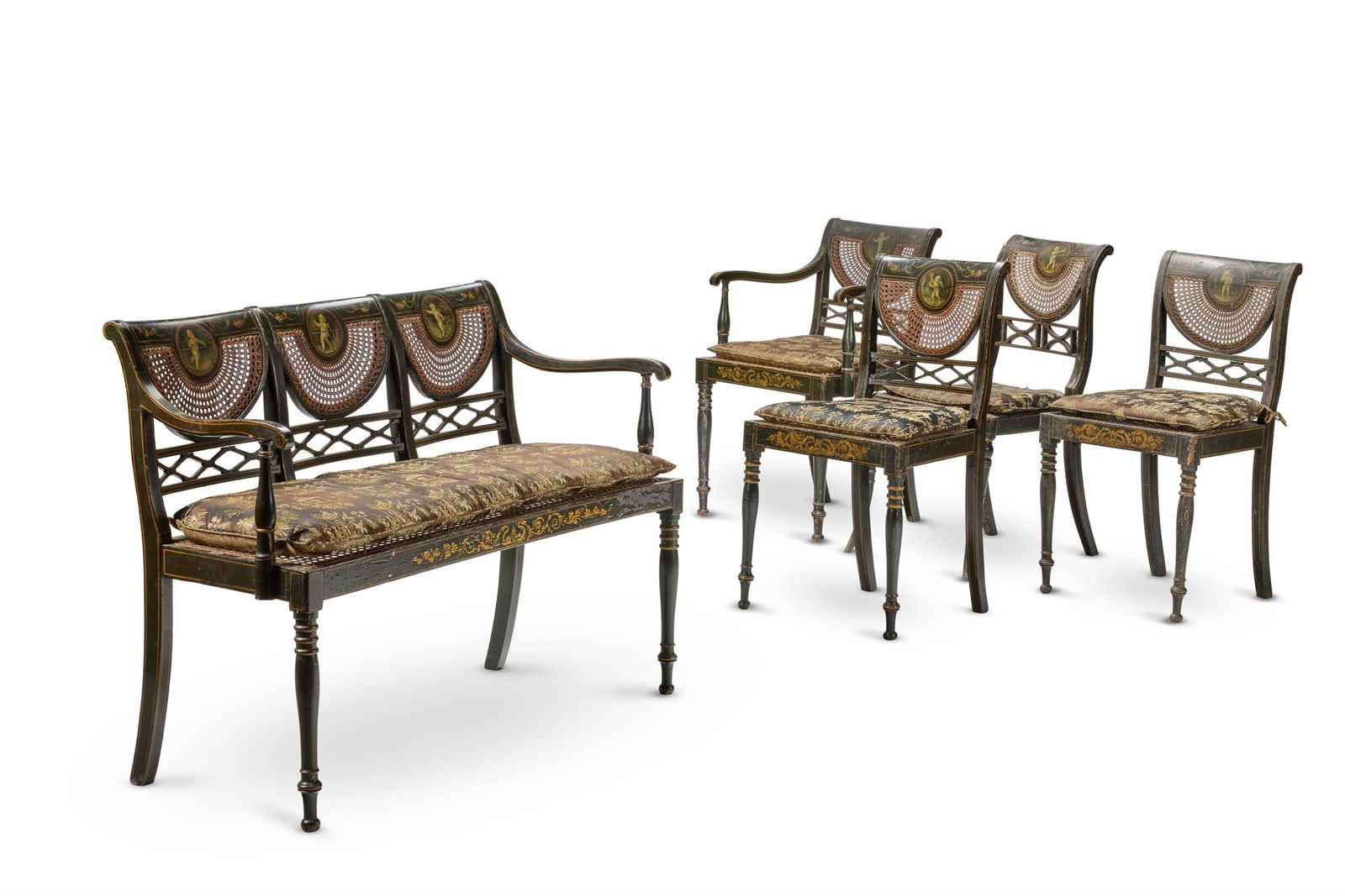 A SET OF REGENCY BLACK AND POLYCHROME JAPANNED SEAT FURNITURE, EARLY 19TH CENTURY (1 of 2)
