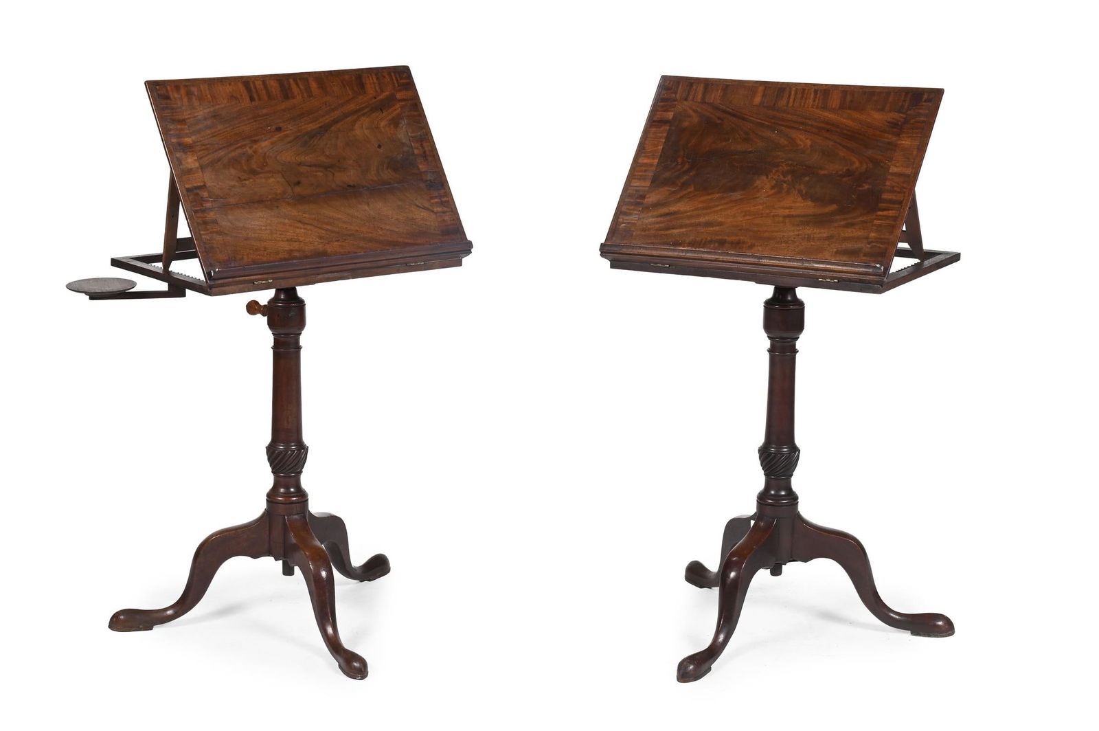 A RARE PAIR OF GEORGE III MAHOGANY AND CROSSBANDED READING AND WRITING TABLES, CIRCA 1770: A RARE PAIR OF GEORGE III MAHOGANY AND CROSSBANDED READING AND WRITING TABLESCIRCA 1770With height and ratchet adjustable tops79.5cm high (155cm fully raised), 58cm wide, 41cm deep
