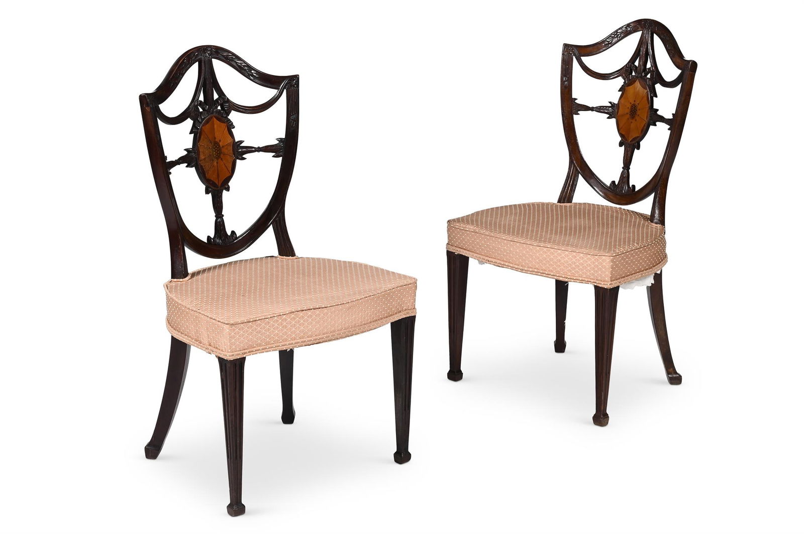 A PAIR OF GEORGE III MAHOGANY AND MARQUETRY CHAIRS, AFTER A DESIGN BY GEORGE HEPPLEWHITE (1 of 4)