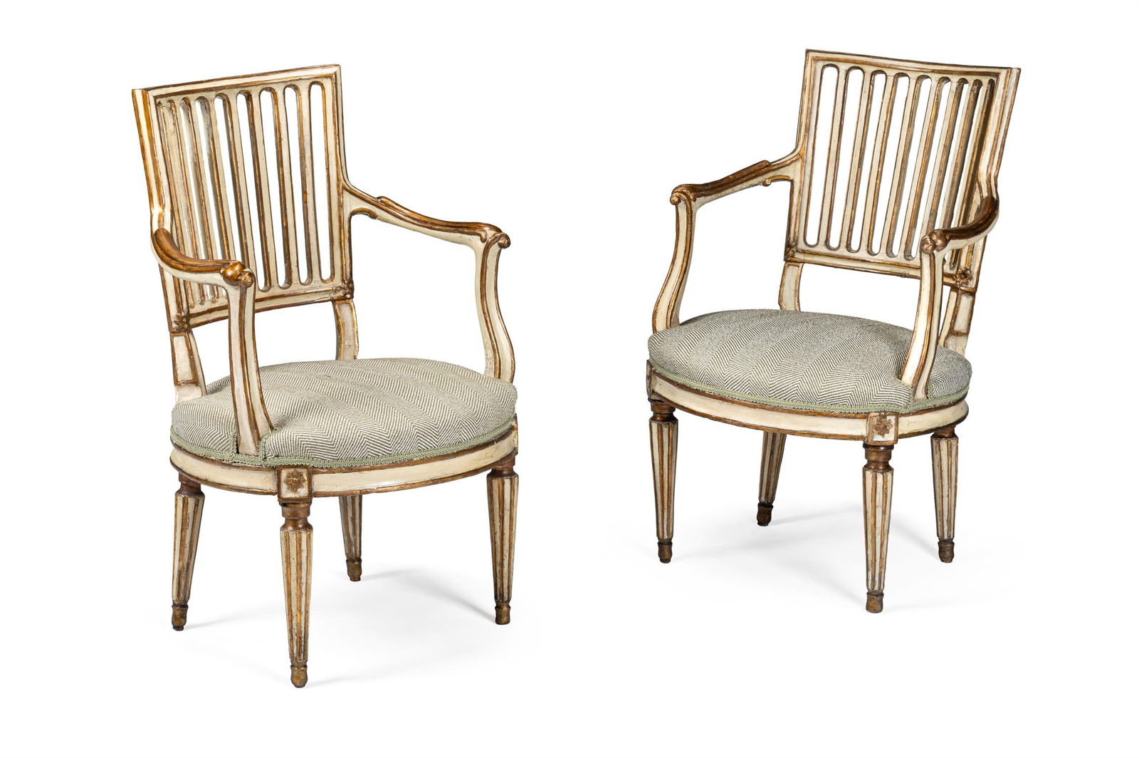 A PAIR OF ITALIAN CREAM PAINTED AND PARCEL GILT ARMCHAIRS, 18TH CENTURY (1 of 3)