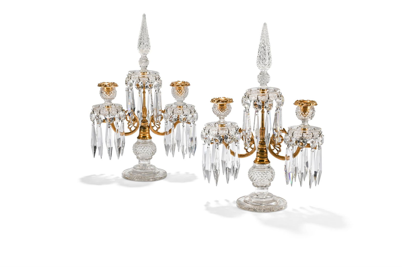 A PAIR OF GILT BRONZE AND CUT GLASS TWO LIGHT CANDELABRA, EARLY 19TH CENTURY (1 of 3)