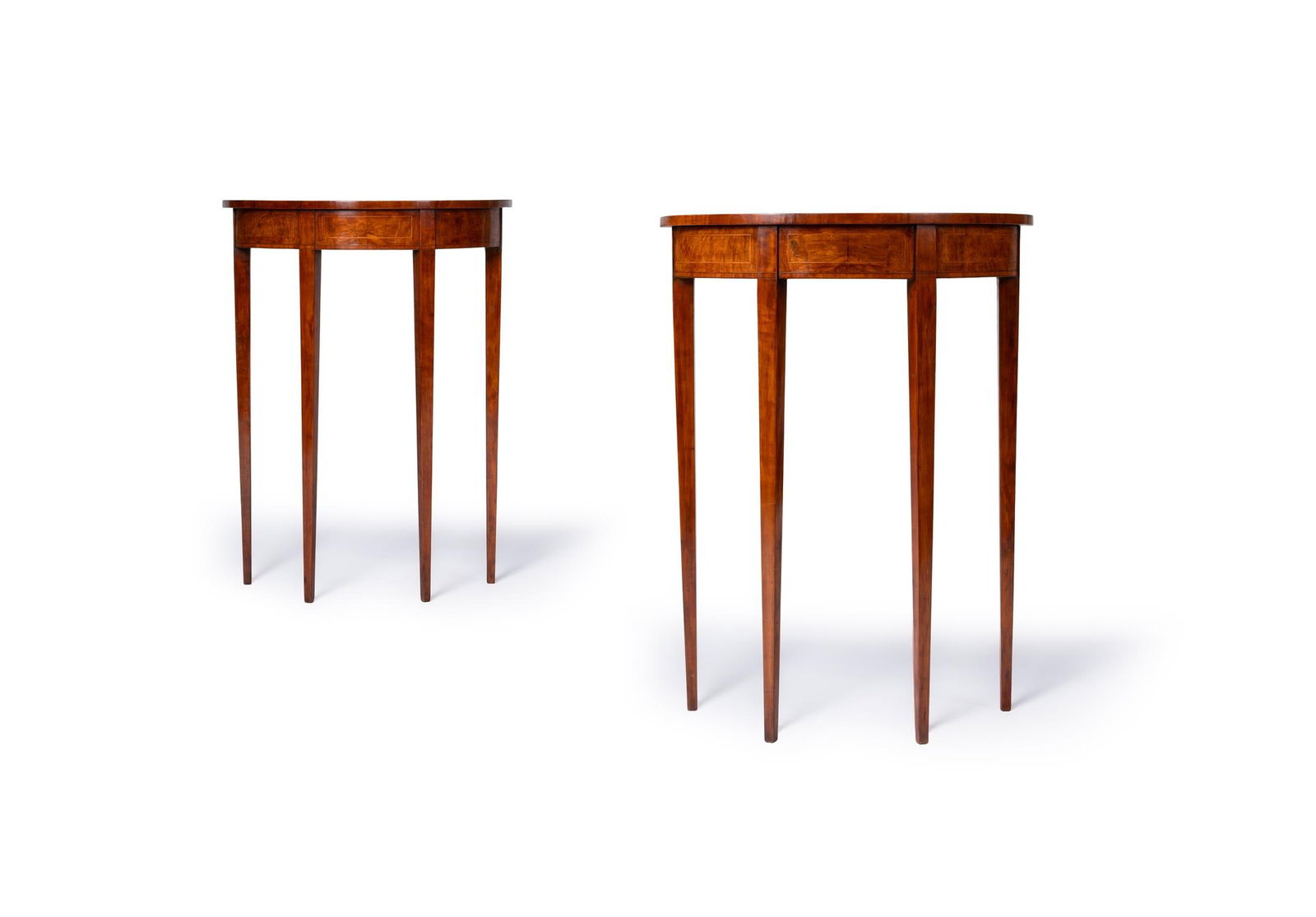 Y A PAIR OF UNUSUALLY SMALL GEORGE III SATINWOOD AND AMBOYNA DEMI LUNE SIDE OR CONSOLE TABLES (1 of 4)