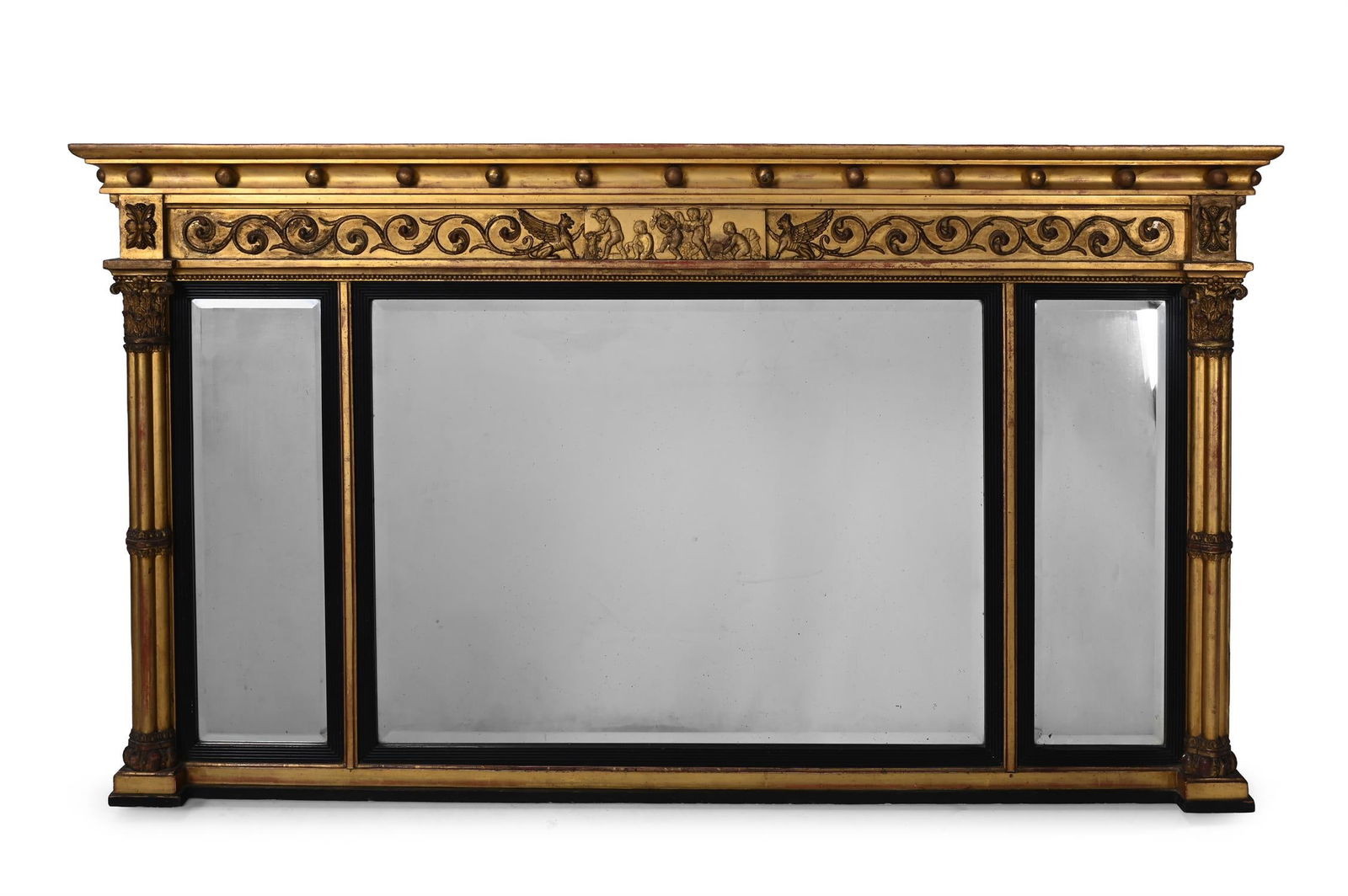 A LARGE REGENCY GILTWOOD, GESSO AND EBONISED TRIPTYCH MIRROR, CIRCA 1820 (1 of 3)