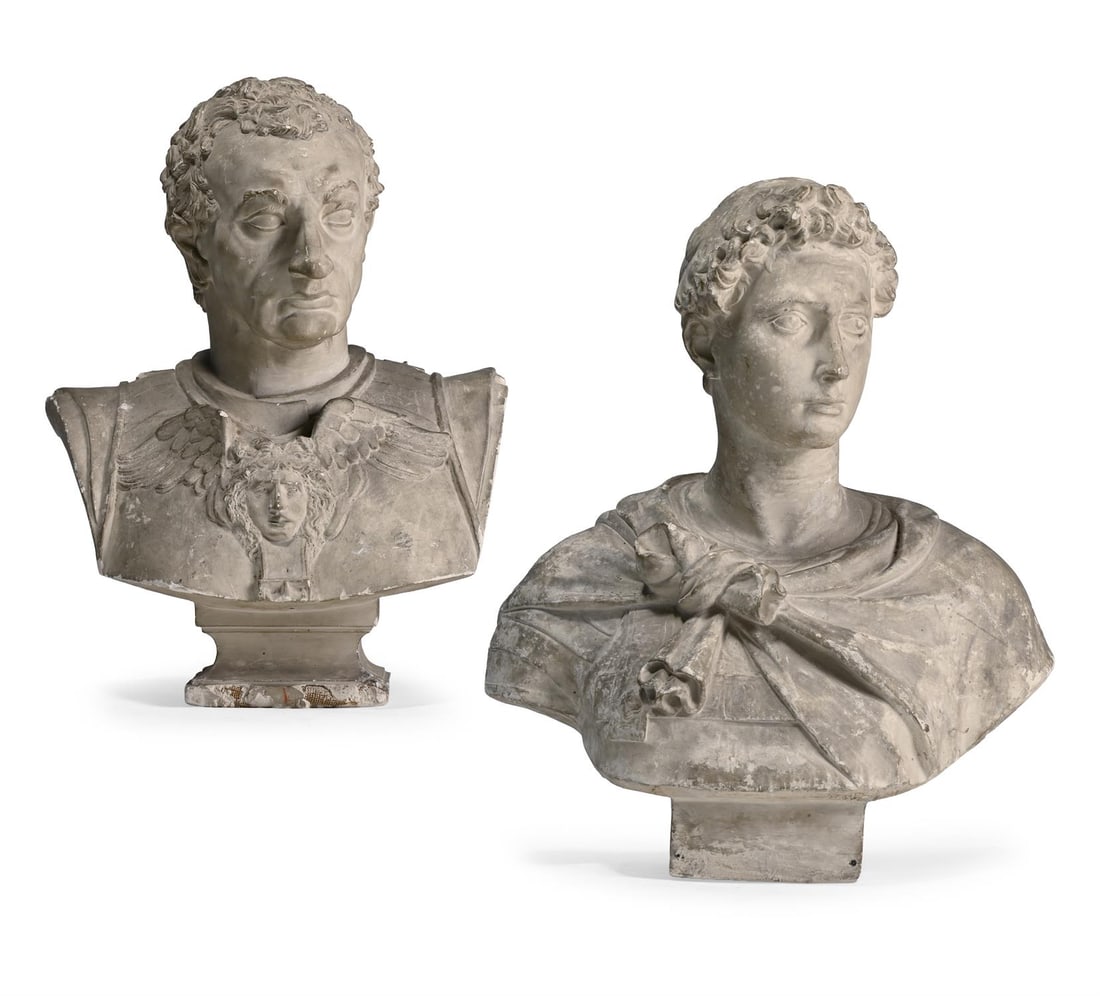 AFTER DONATELLO, TWO LARGE PLASTER LIBRARY BUSTS OF GATTAMELATA AND ST GEORGE, LATE 19TH CENTURY: AFTER DONATELLO, TWO LARGE PLASTER LIBRARY BUSTS OF GATTAMELATA AND ST GEORGE LATE 19TH CENTURY 74cm and 72cm high
