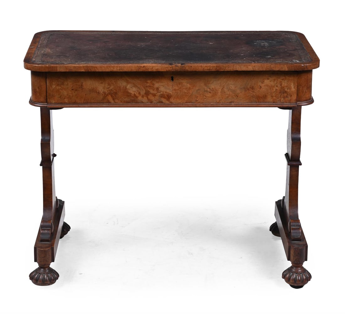 A GEORGE IV POLLARD OAK AND LEATHER INSET WRITING OR LIBRARY TABLE, BY GILLOWS, CIRCA 1830 (1 of 6)