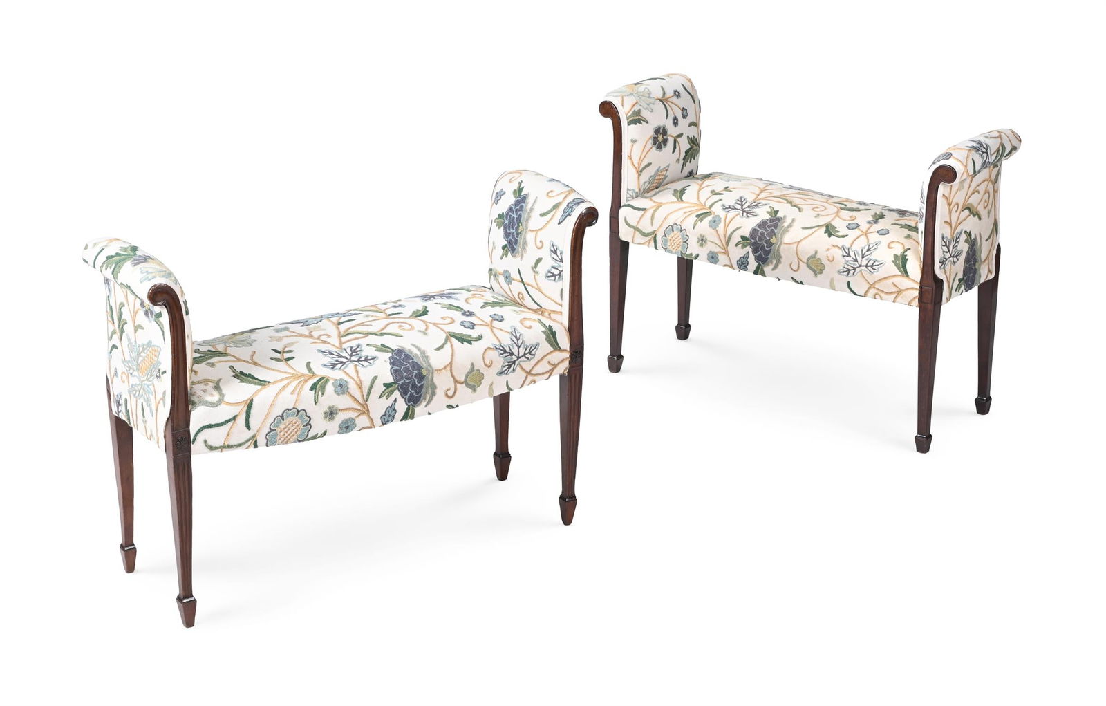 A MATCHED PAIR OF MAHOGANY AND CREWEL WORK UPHOLSTERED WINDOW SEATS, IN GEORGE III STYLE (1 of 2)