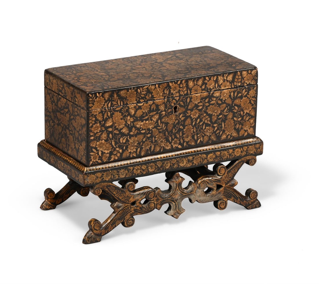 AN INDIAN BLACK LACQUER AND GILT MINIATURE CHEST ON STAND, BAREILLY, 19TH CENTURY (1 of 4)