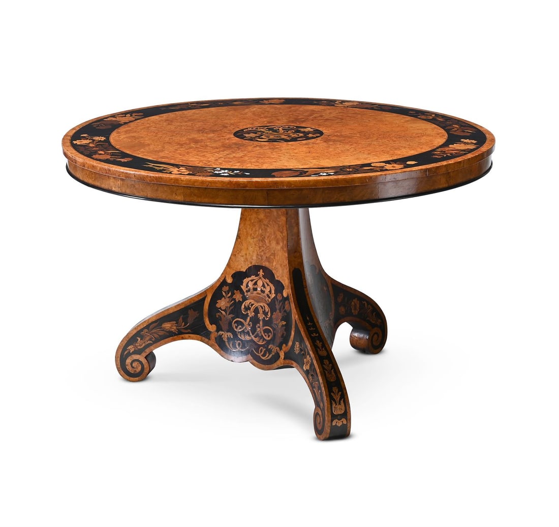 Y A VICTORIAN MAPLE, EBONY AND SPECIMEN MARQUETRY CENTRE TABLE, ATTRIBUTED TO E H BALDOCK (1 of 6)