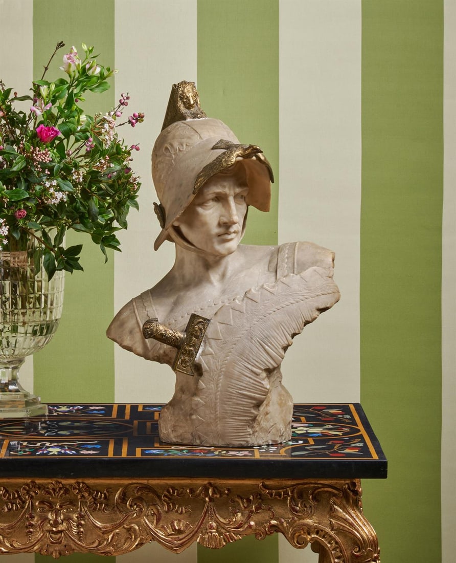 A GILT METAL MOUNTED MARBLE BUST OF A CLASSICAL SOLDIER, LATE 19TH OR EARLY 20TH CENTURY: A GILT METAL MOUNTED MARBLE BUST OF A CLASSICAL SOLDIER LATE 19TH OR EARLY 20TH CENTURY Gilt mixed metals, including probably bronze, unsigned 62cm high