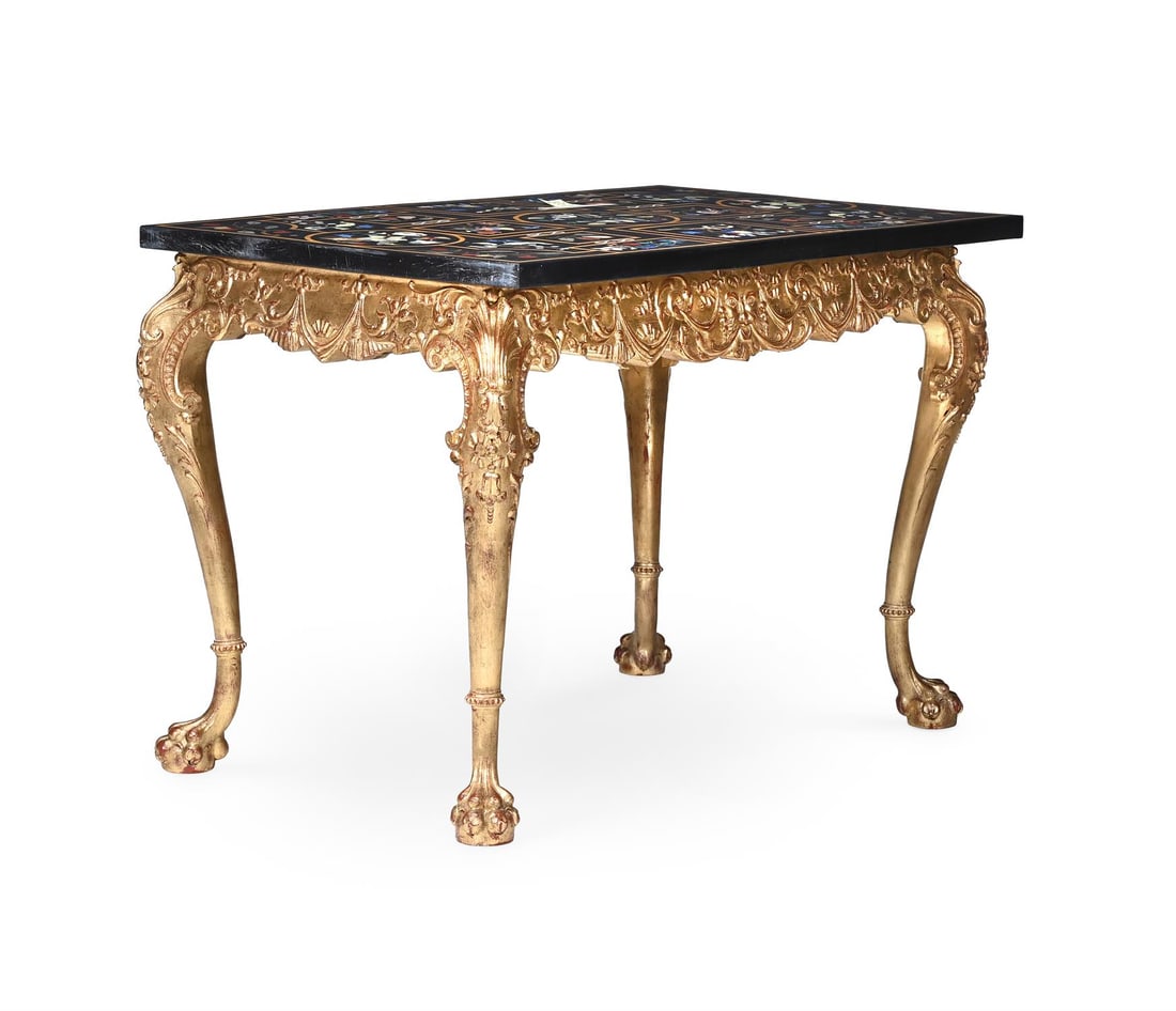 A CARVED GILTWOOD AND PIETRA DURA MARBLE CENTRE TABLE, IN GEORGE II STYLE, CONTEMPORARY: A CARVED GILTWOOD AND PIETRA DURA MARBLE CENTRE TABLEIN GEORGE II STYLE, CONTEMPORARY75.5cm high, 109cm wide, 69cm deep