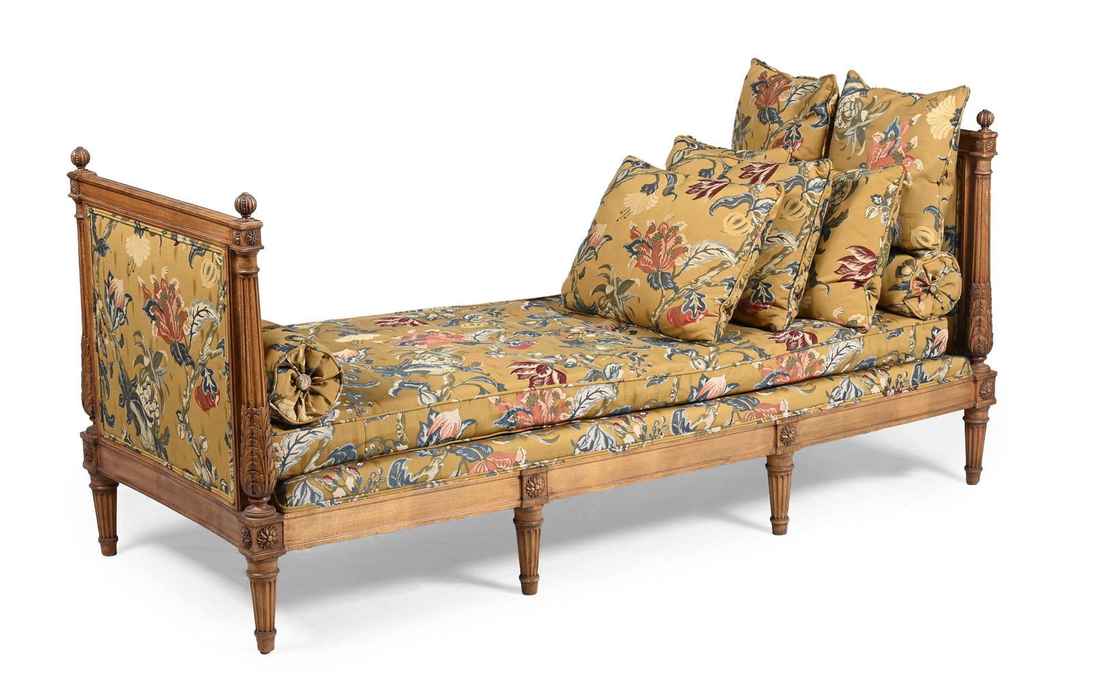 A CARVED BEECH AND UPHOLSTERED DAY BED, IN LOUIS XVI STYLE, LATE 19TH CENTURY (1 of 2)