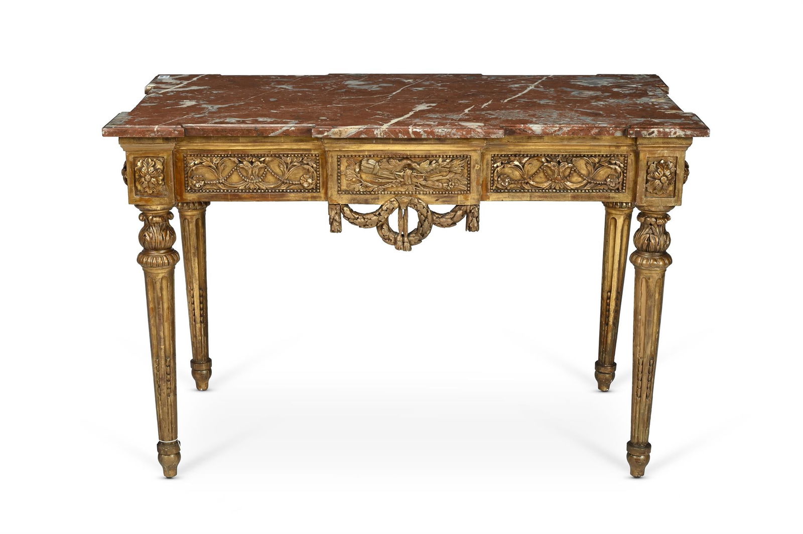 A FRENCH CARVED GILTWOOD AND MARBLE TOPPED CENTRE TABLE, IN LOUIS XVI STYLE, 19TH CENTURY (1 of 5)