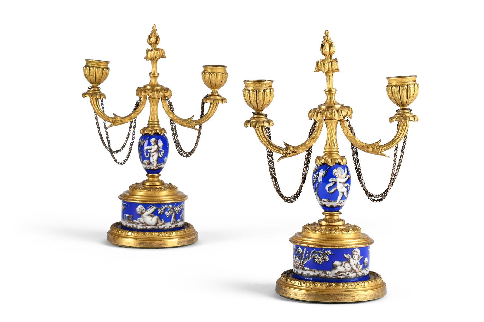 A PAIR OF ENAMEL MOUNTED GILT METAL CANDLESTICKS, FRENCH, LATE 19TH CENTURY (1 of 2)