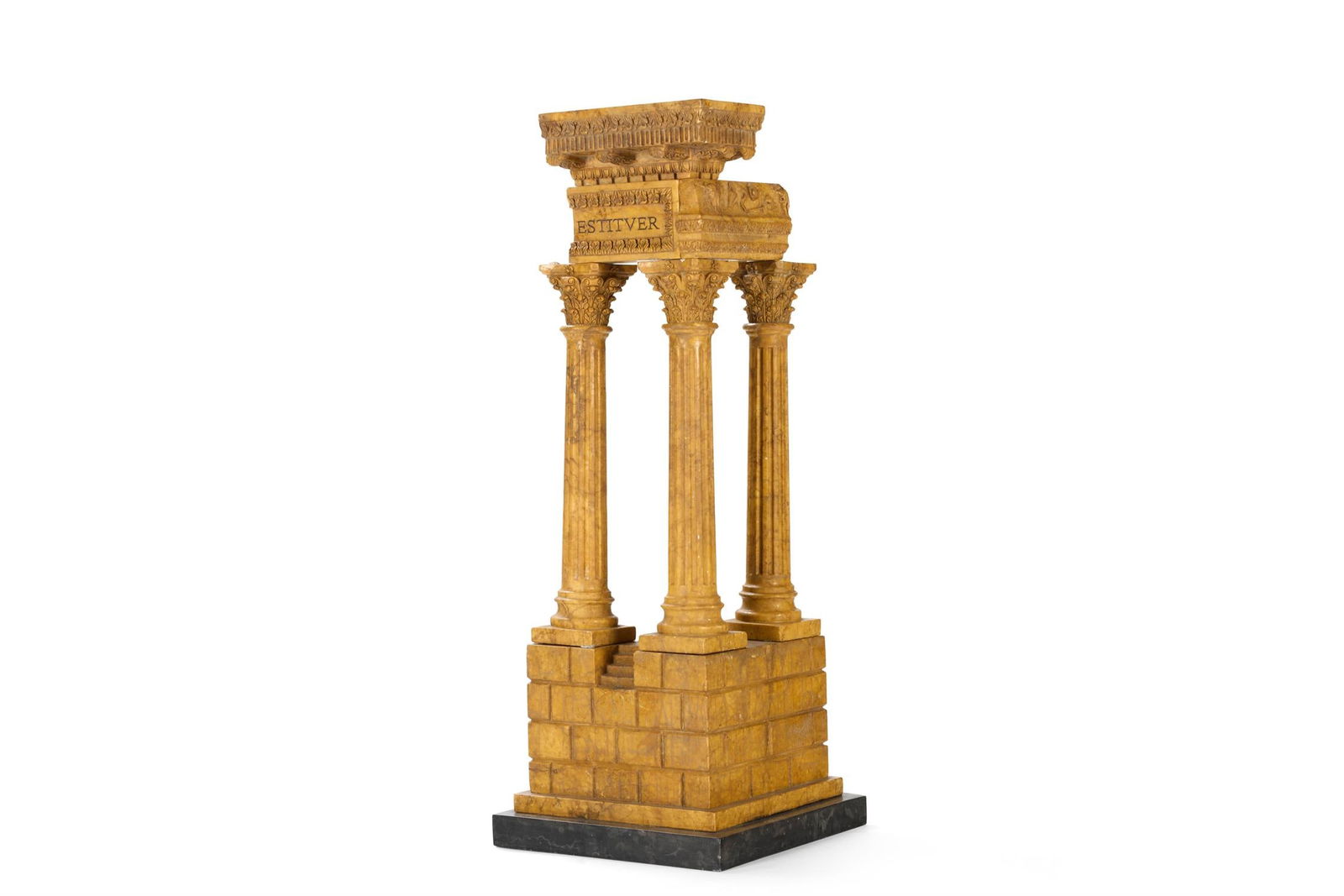 A LARGE SIENA GIALLO MARBLE MODEL OF THE TEMPLE OF VESPASIAN, LATE 19TH CENTURY: A LARGE SIENA GIALLO MARBLE MODEL OF THE TEMPLE OF VESPASIAN LATE 19TH CENTURYOn a black marble plinth95cm high, 51cm wide, 36.5cm deepProvenance:From the collection of Christopher Hodsoll
