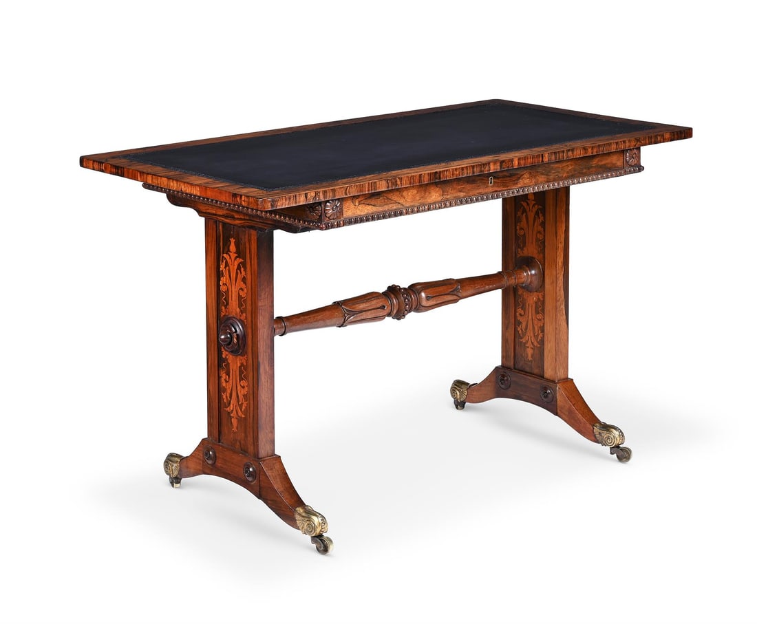 Y A REGENCY ROSEWOOD AND MARQUETRY LIBRARY OR WRITING TABLE, IN THE MANNER OF MOREL & SEDDON (1 of 4)