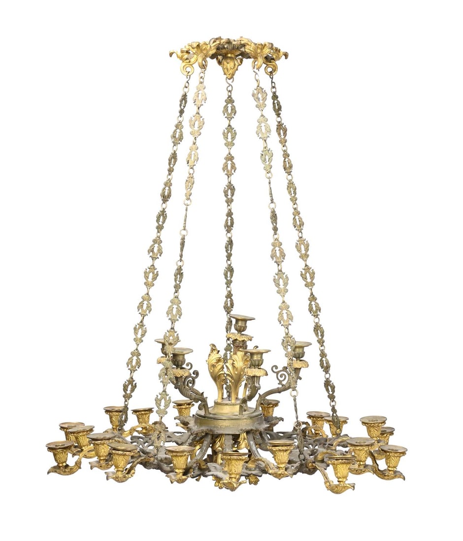 A LARGE GILT AND PATINATED BRONZE TWENTY SIX LIGHT CHANDELIER, PROBABLY FRENCH, MID 19TH CENTURY (1 of 3)