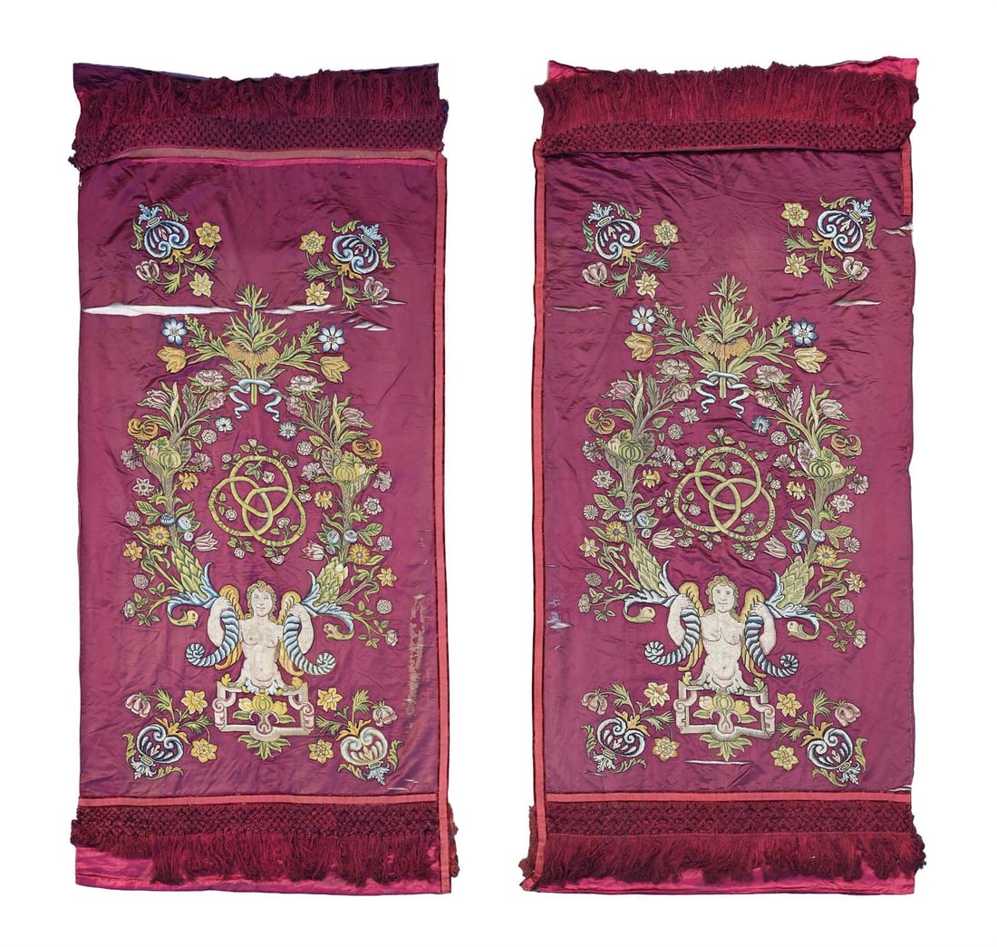 A PAIR OF EMBROIDERED PLUM RED SILK HANGING PANELS, PROBABLY ITALIAN, 19TH CENTURY (1 of 4)
