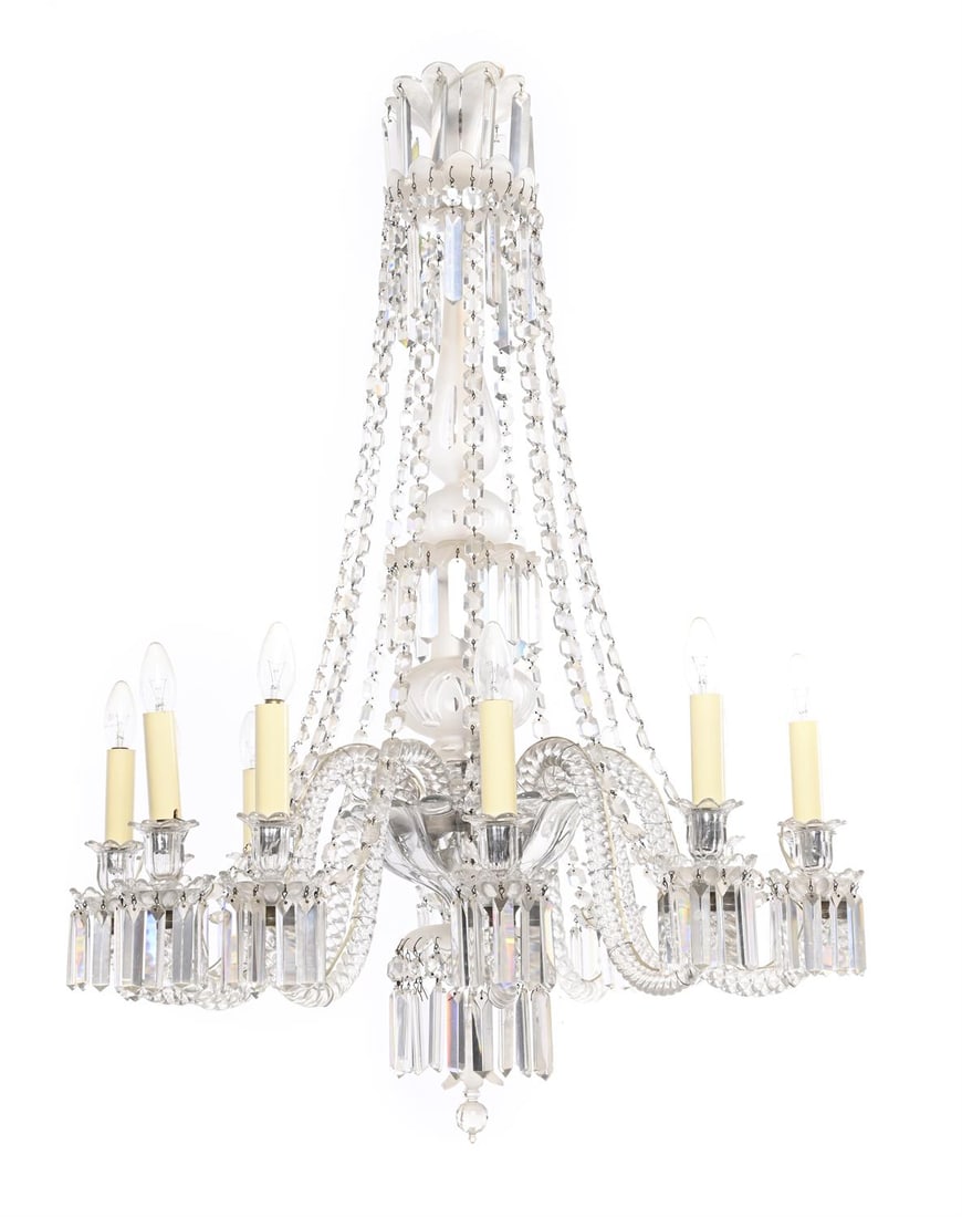A GLASS MOUNTED SILVERED FRAME TWELVE LIGHT CHANDELIER, IN THE MANNER OF BACCARAT (1 of 2)