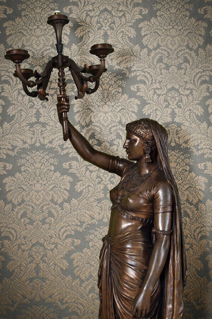 AFTER ÉMILE-CORIOLAN-HIPPOLYTE GUILLEMIN, A BRONZE FIGURAL LIGHT OR TORCHERE 'FEMME INDIENNE': AFTER ÉMILE-CORIOLAN-HIPPOLYTE GUILLEMIN (1841-1907), A BRONZE FIGURAL LIGHT OR TORCHERE 'FEMME INDIENNE' CAST BY BARBEDIENNE, CIRCA 1886-1900 Bronze, signed to the cast Ele. Guillemin 1872 on th