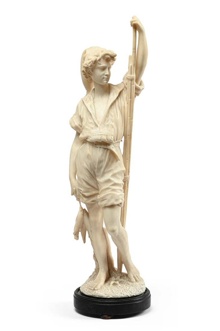 AN ITALIAN ALABASTER FIGURE 'THE NAPLES FISHER BOY', 19TH CENTURY: AN ITALIAN ALABASTER FIGURE 'THE NAPLES FISHER BOY'19TH CENTURYStanding figure with rod in his left hand, fish in his right, on a circular black marble plinth64cm high overall, the base 17cm diameter