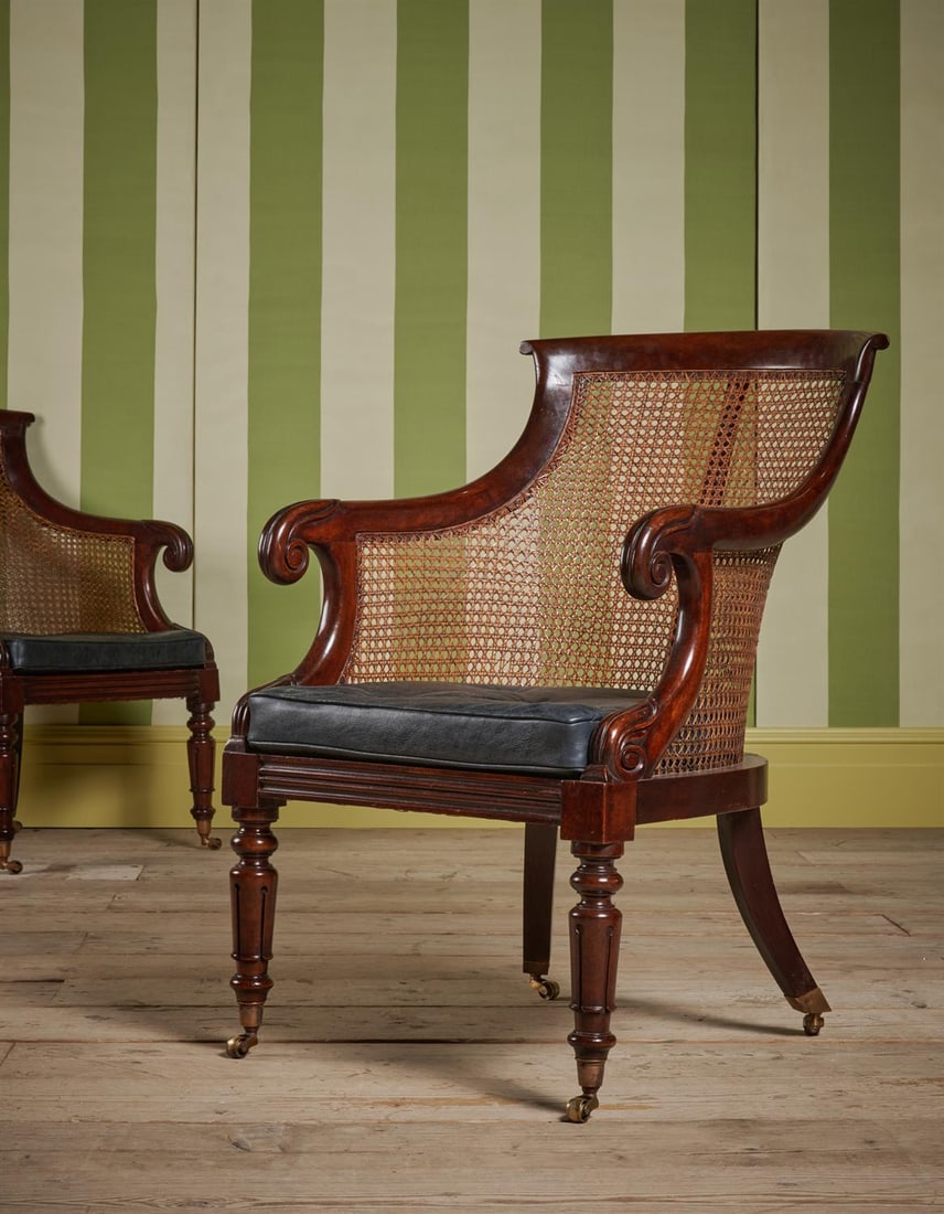 A CLOSELY MATCHED PAIR OF WILLIAM IV MAHOGANY BERGERE ARMCHAIRS, CIRCA 1835 (1 of 4)