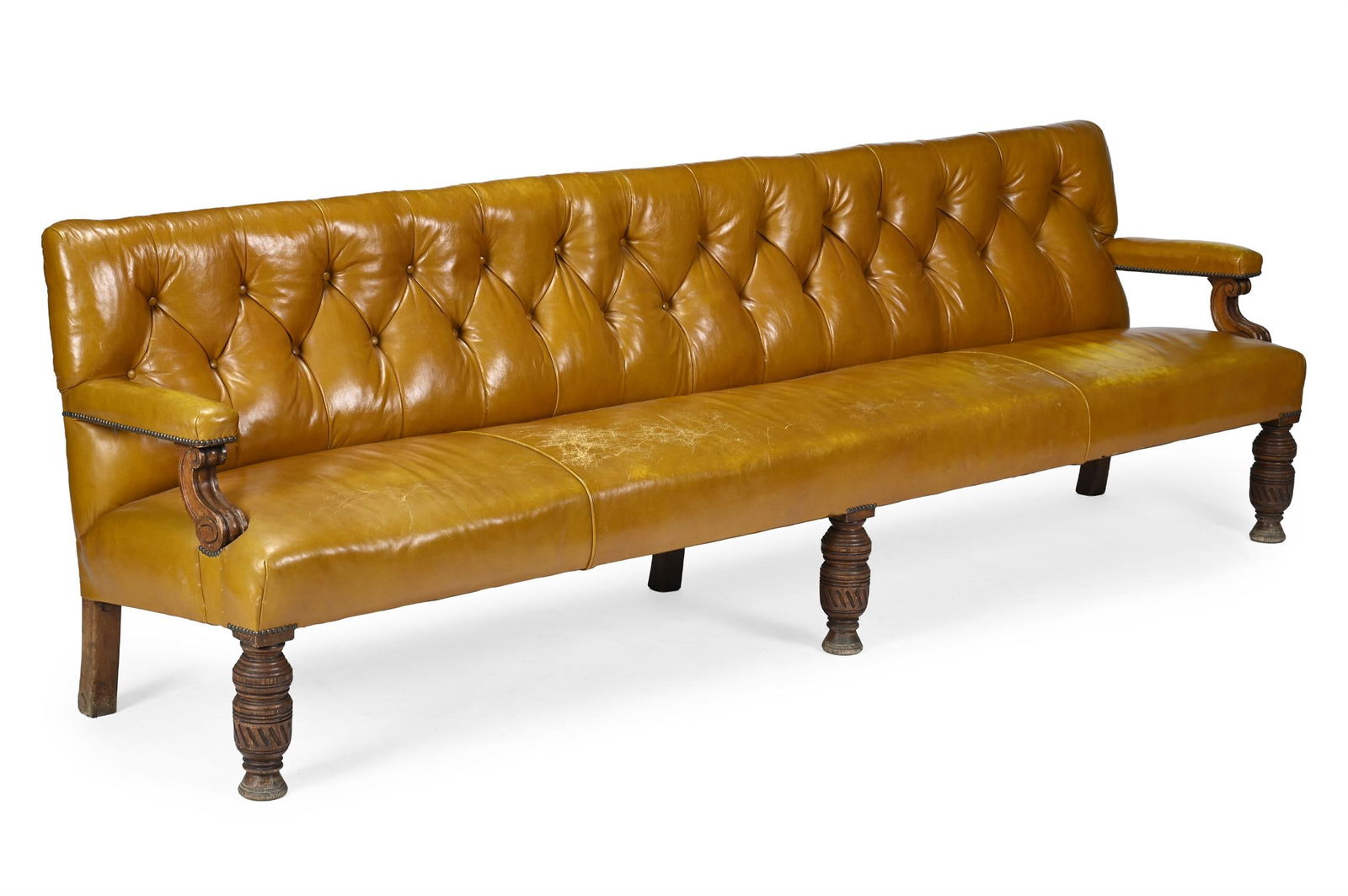 A LARGE VICTORIAN CARVED OAK AND BUTTON UPHOLSTERED BENCH, LATE 19TH CENTURY (1 of 3)