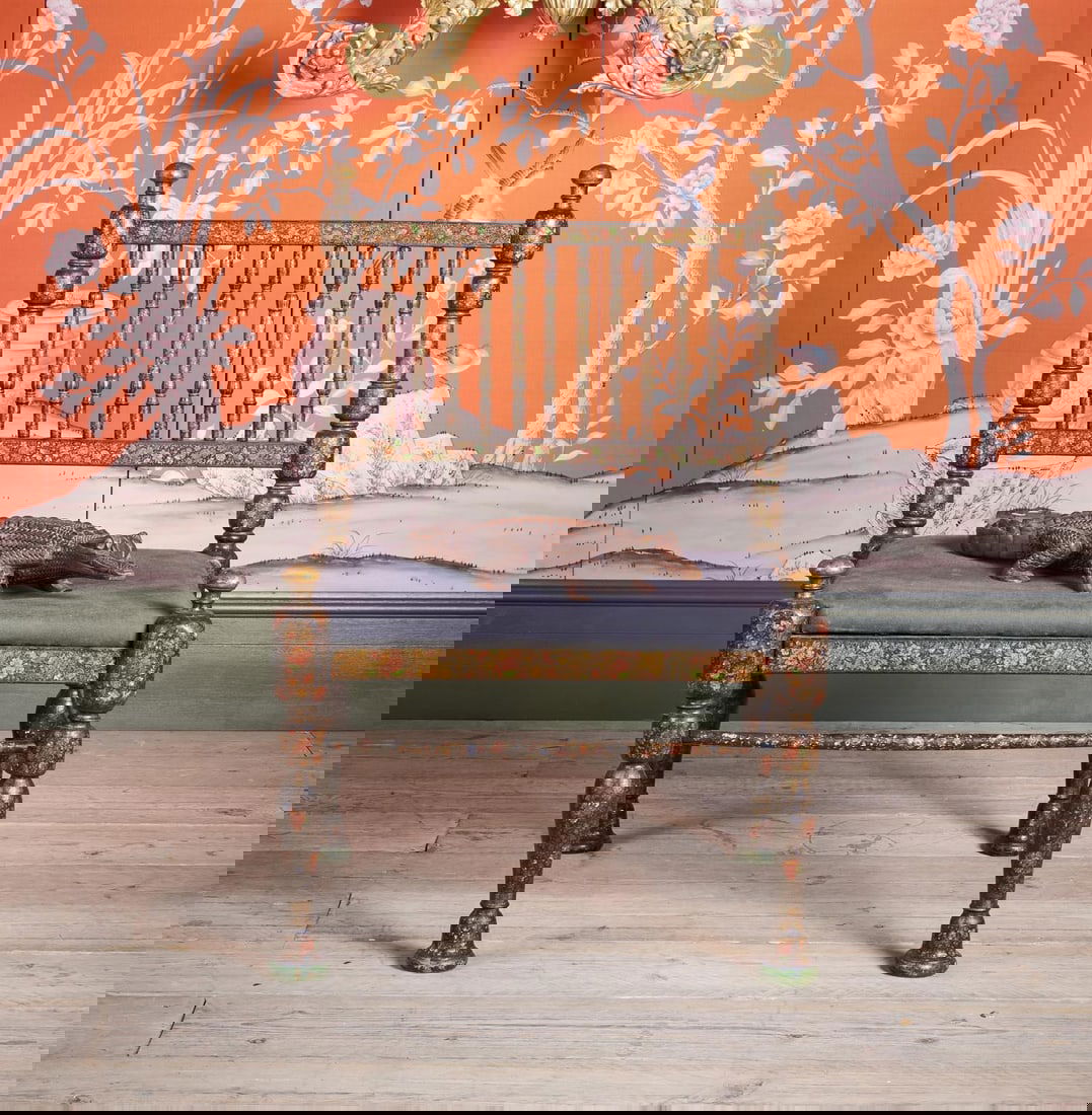 A KASHMIRI POLYCHROME PAINTED AND PARCEL GILT CHAIR, POSSIBLY SRINIGAR: A KASHMIRI POLYCHROME PAINTED AND PARCEL GILT CHAIRPOSSIBLY SRINIGAR, CIRCA 1880Painted overall with flowers to all sides91cm high, 63cm wide, 64cm deep