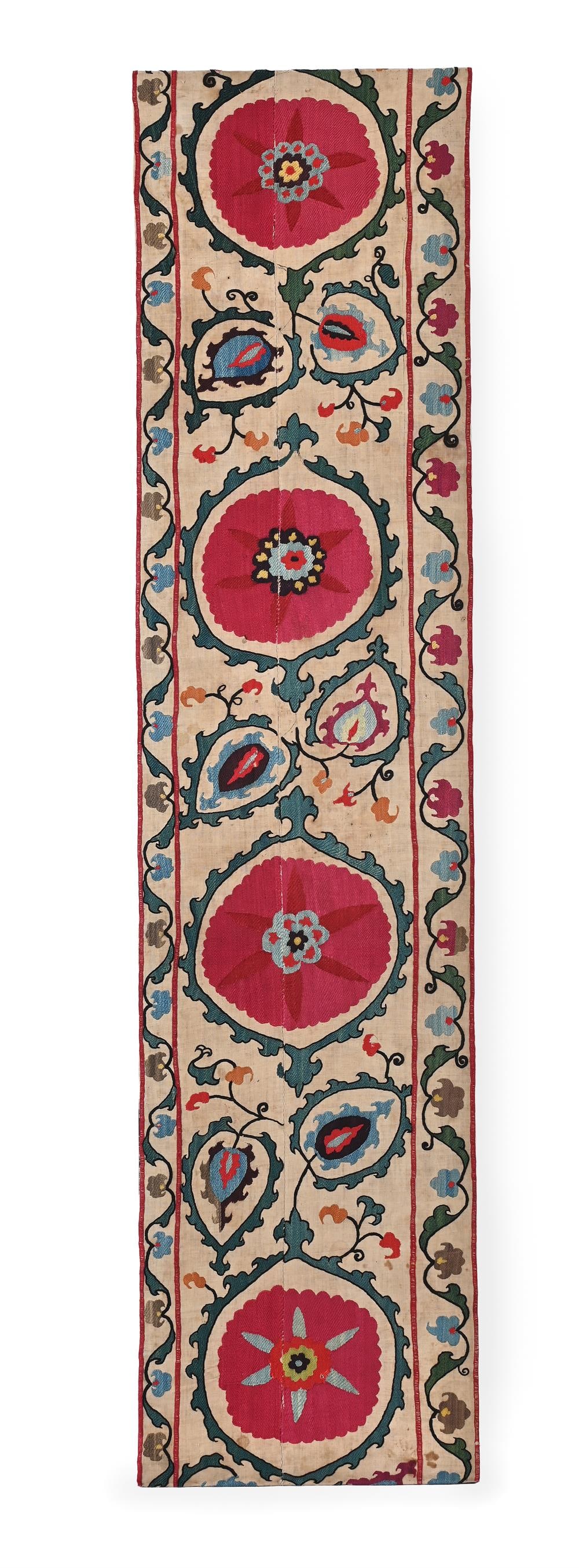 A SILK SUZANI PANEL, UZBEKISTAN, 18TH CENTURY: A SILK SUZANI PANELUZBEKISTAN, 18TH CENTURYLined and mounted onto a stretcher frame188 x 45.5cm