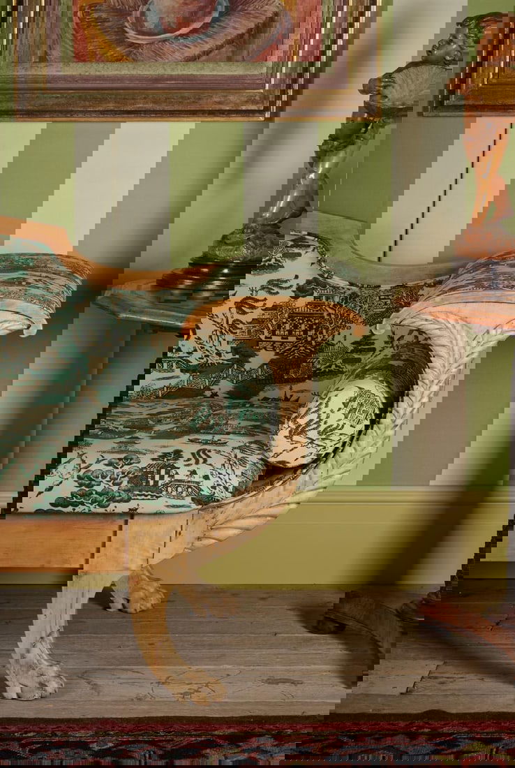 A CARVED BIRCH AND UPHOLSTERED SOFA, SWEDISH, 19TH CENTURY: A CARVED BIRCH AND UPHOLSTERED SOFASWEDISH, 19TH CENTURYUpholstered in Beata Heuman 'Willow Tree' fabric63cm high, 238cm wide, 76cm deep