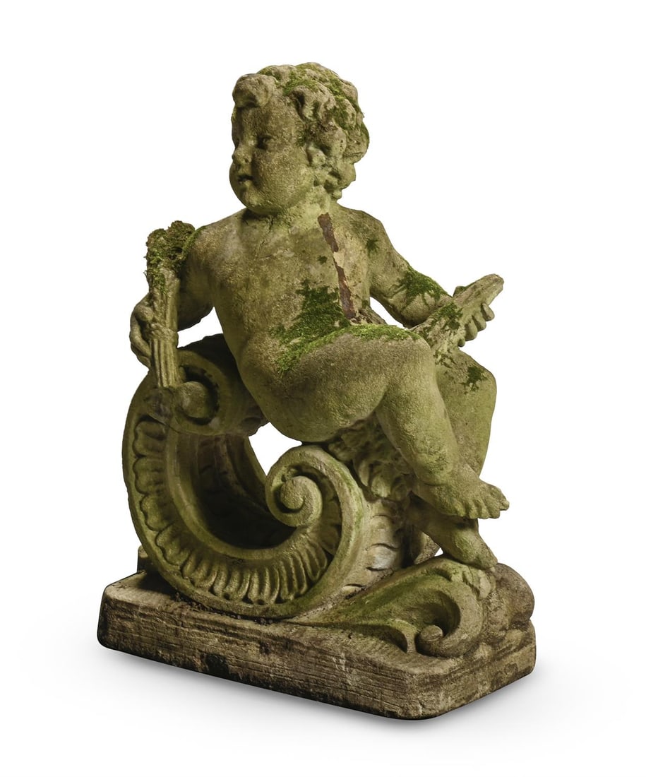 A LARGE COMPOSTION STONE PUTTI EMPLEMATIC OF AUTUMN, 20TH CENTURY (1 of 4)