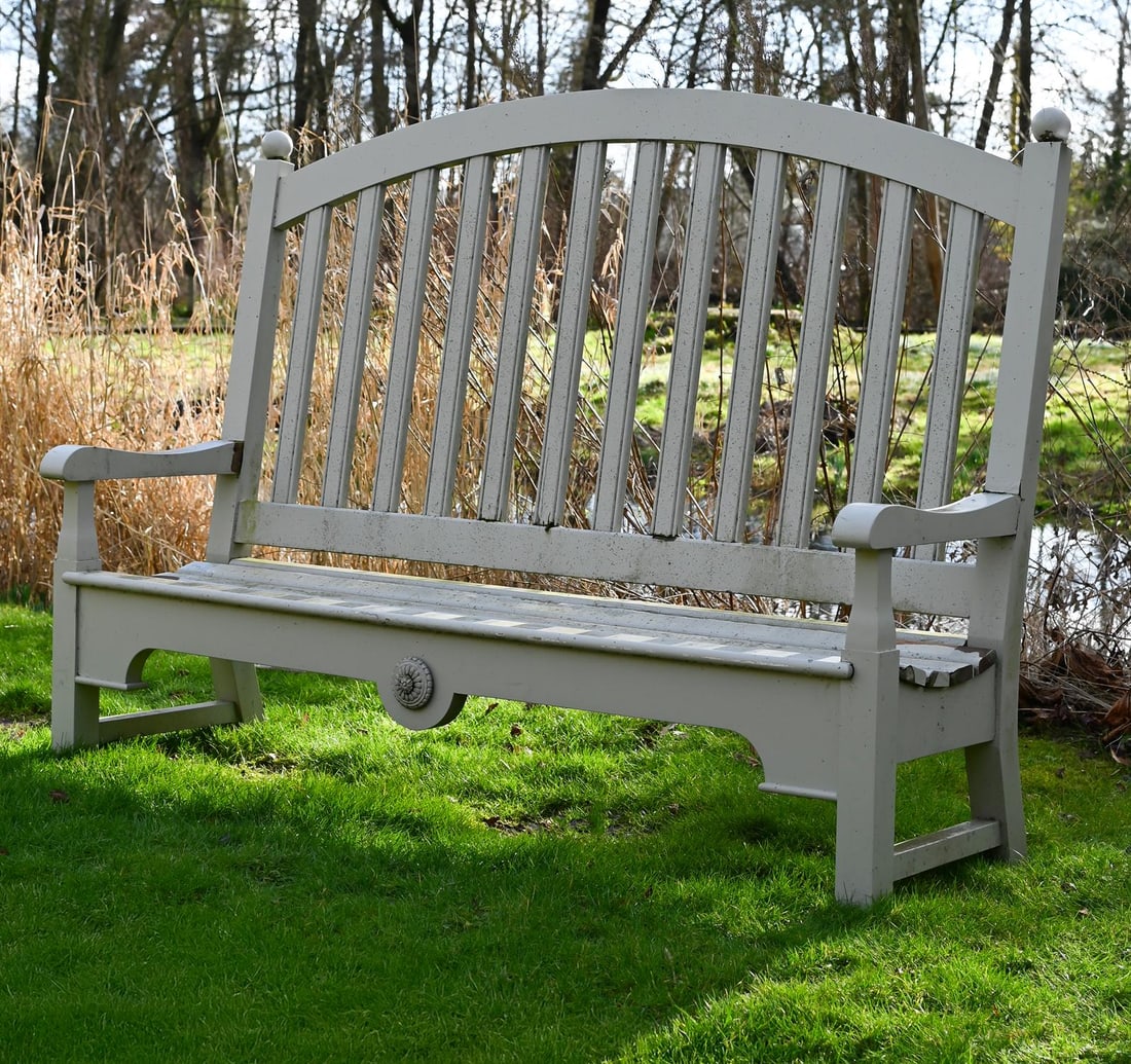 A LARGE PAINTED WOOD GARDEN BENCH, BY JANE PETERSON, CONTEMPORARY (1 of 1)