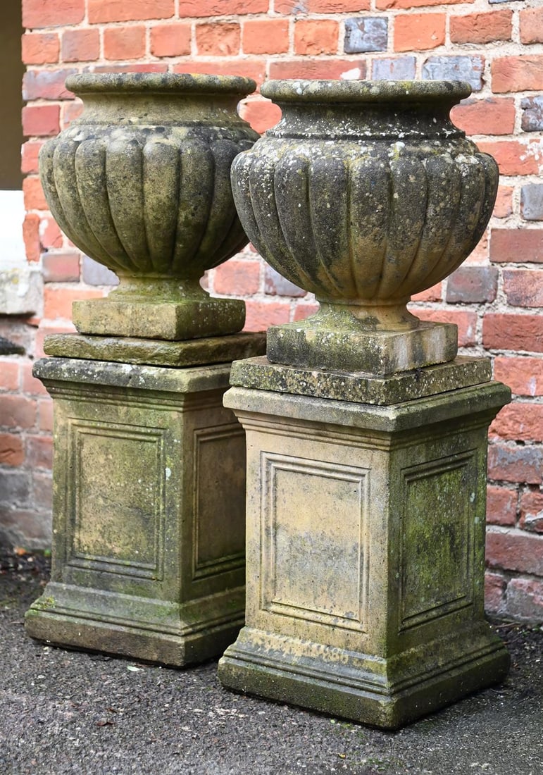 A PAIR OF COMPOSITION STONE URNS ON STANDS, LATE 20TH CENTURY (1 of 1)