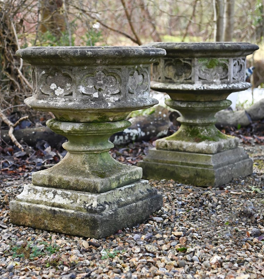 A PAIR OF COMPOSITION STONE GOTHIC PLANTERS, LATE 20TH CENTURY (1 of 1)