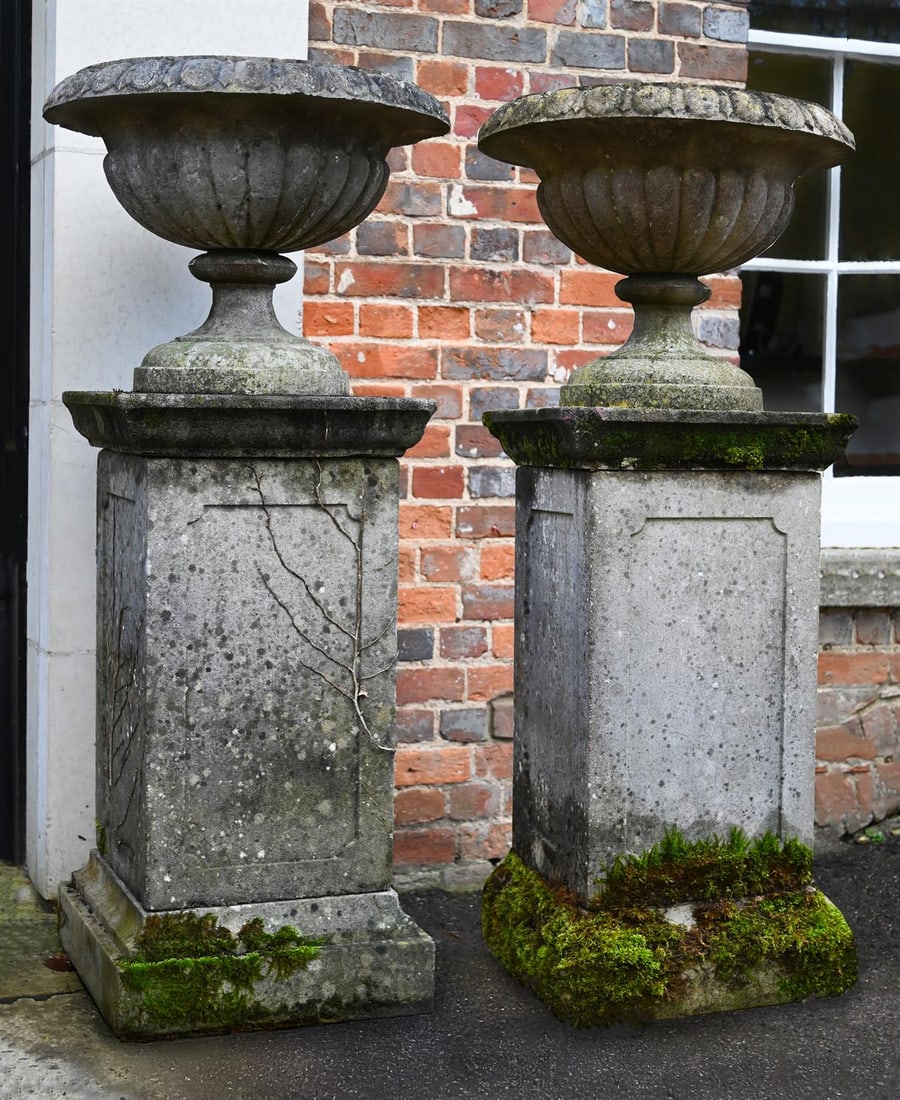 A PAIR OF CARVED STONE URN SHAPED PLANTERS, 19TH CENTURY (1 of 1)