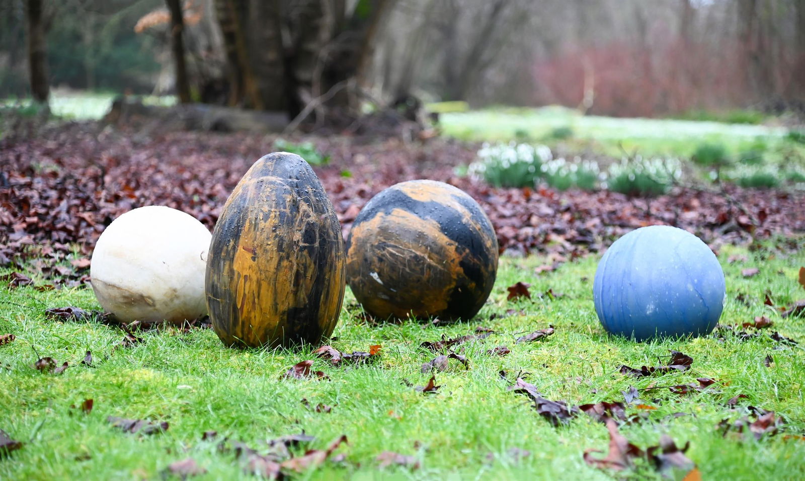A GROUP OF FOUR POLISHED MINERAL AND PETRIFIED WOOD SPECIMENS: A GROUP OF FOUR POLISHED MINERAL AND PETRIFIED WOOD SPECIMENSIncluding an egg and two spheres of different polished petrified wood and another sphere of polished Azul Macaubasthe egg 35cm high, the la