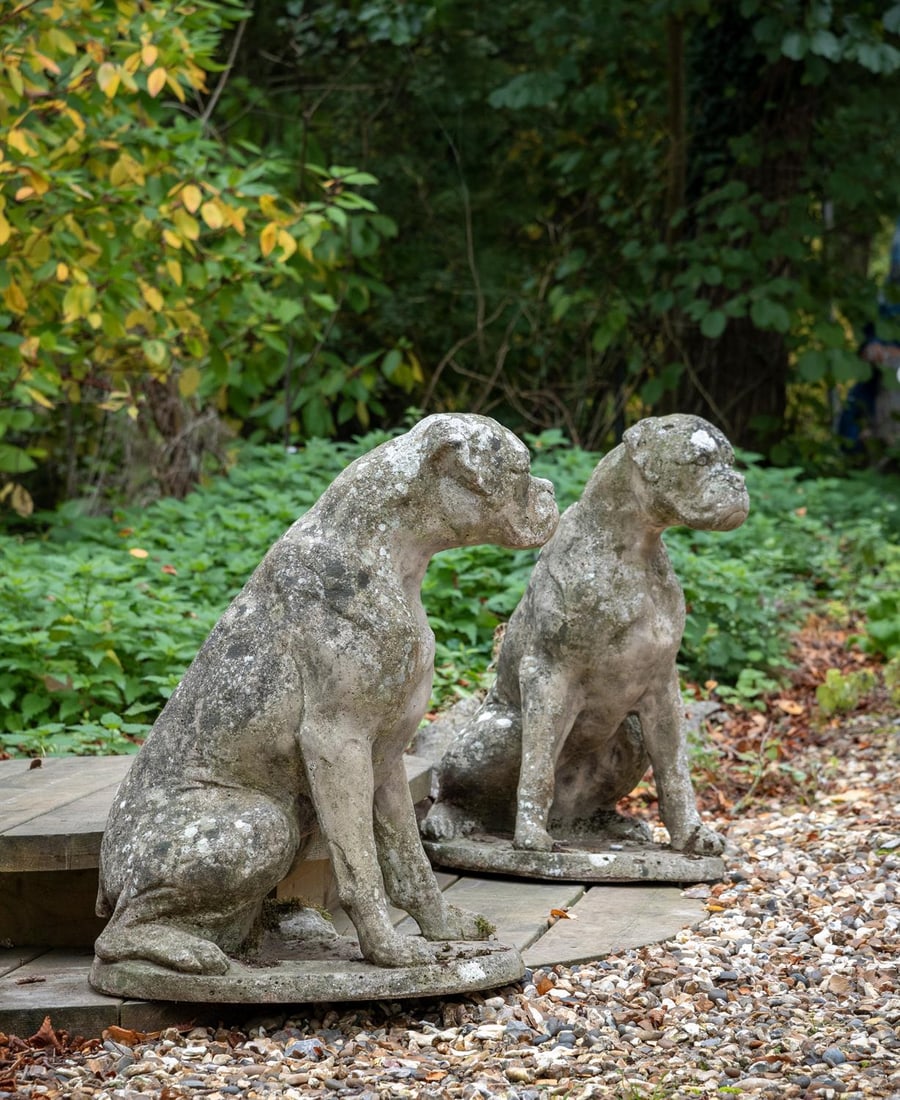 A PAIR OF COMPOSITION STONE DOGS, MID 20TH CENTURY OR LATER (1 of 3)