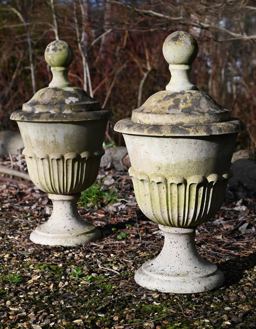 A PAIR OF COMPOSITION STONE CLASSICAL URN FORM GATEPOST FINIALS, LATE 20TH CENTURY: A PAIR OF COMPOSITION STONE CLASSICAL URN FORM GATEPOST FINIALS LATE 20TH CENTURY 80cm high, the bases approximately 30cm diameter