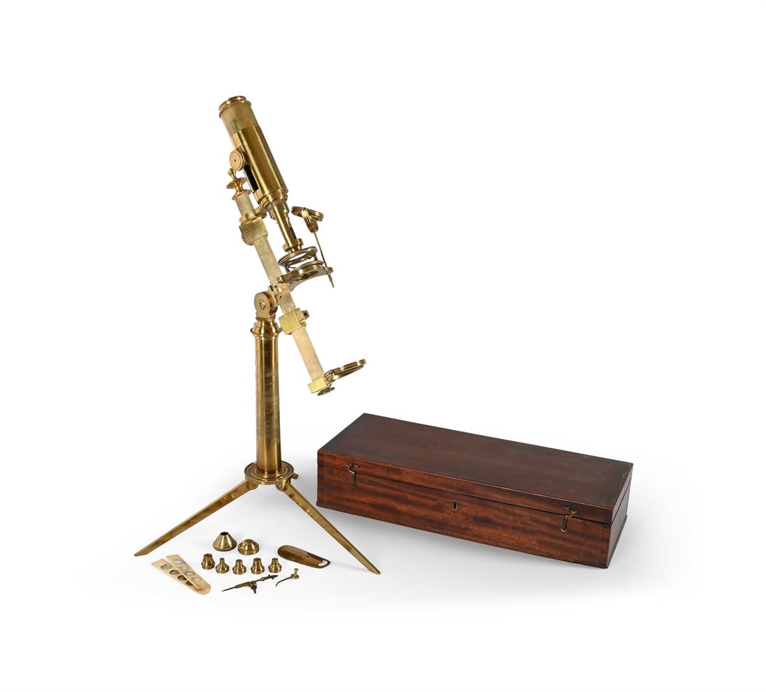 A RARE GEORGE III BRASS ‘MOST IMPROVED’ TYPE COMPOUND MONOCULAR MICROSCOPE (1 of 3)