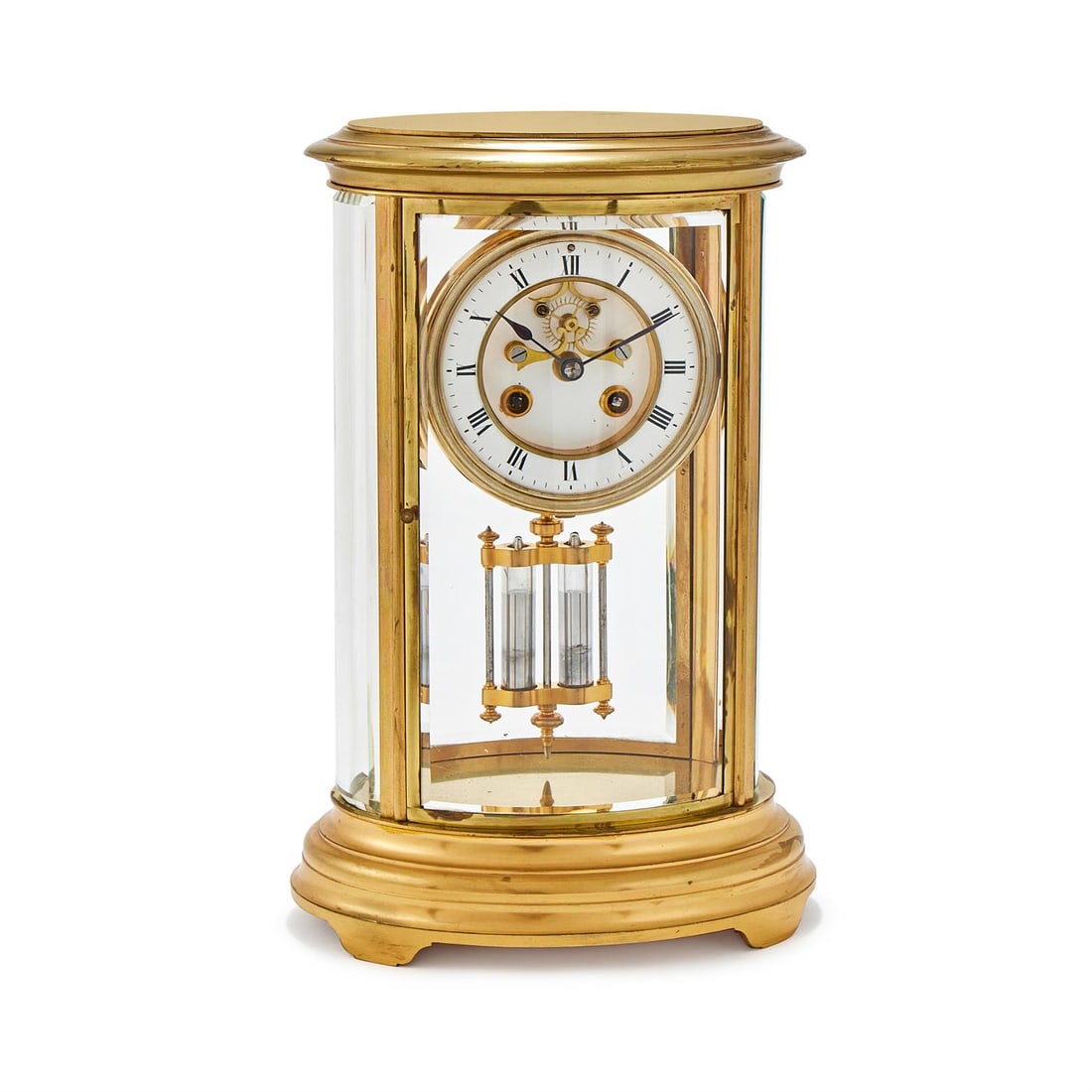 A FRENCH GILT BRASS OVAL FOUR-GLASS MANTEL CLOCK (1 of 2)