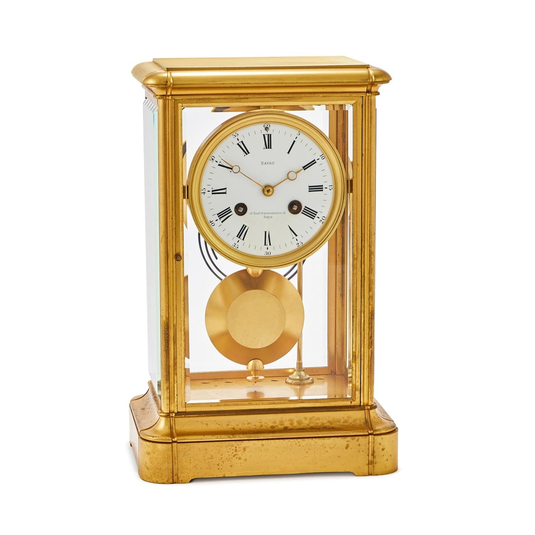 A FRENCH GILT BRASS FOUR-GLASS MANTEL CLOCK (1 of 2)