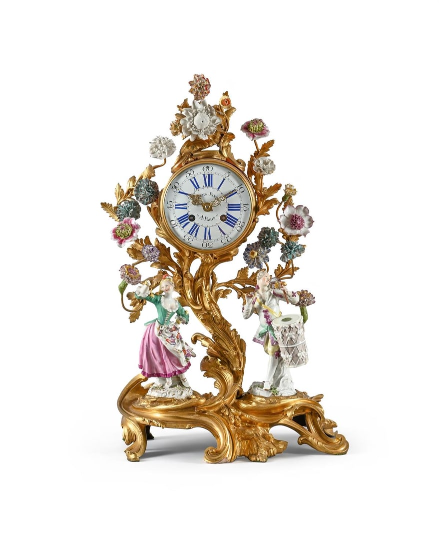 A FINE FRENCH LOUIS XV MEISSEN PORCELAIN MOUNTED ORMOLU MANTEL CLOCK (1 of 7)