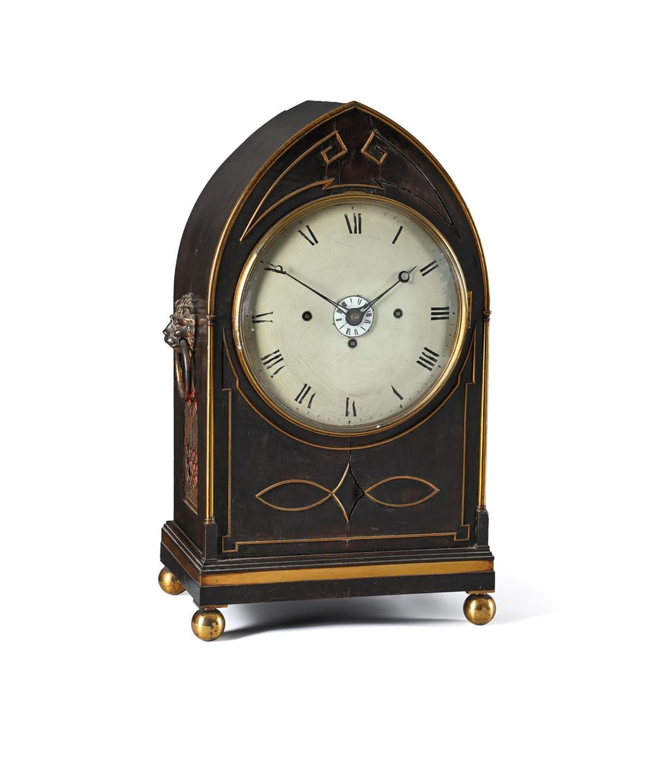 A REGENCY BRASS MOUNTED EBONISED LANCET-SHAPED QUARTER-STRIKING BRACKET CLOCK WITH ALARM (1 of 2)